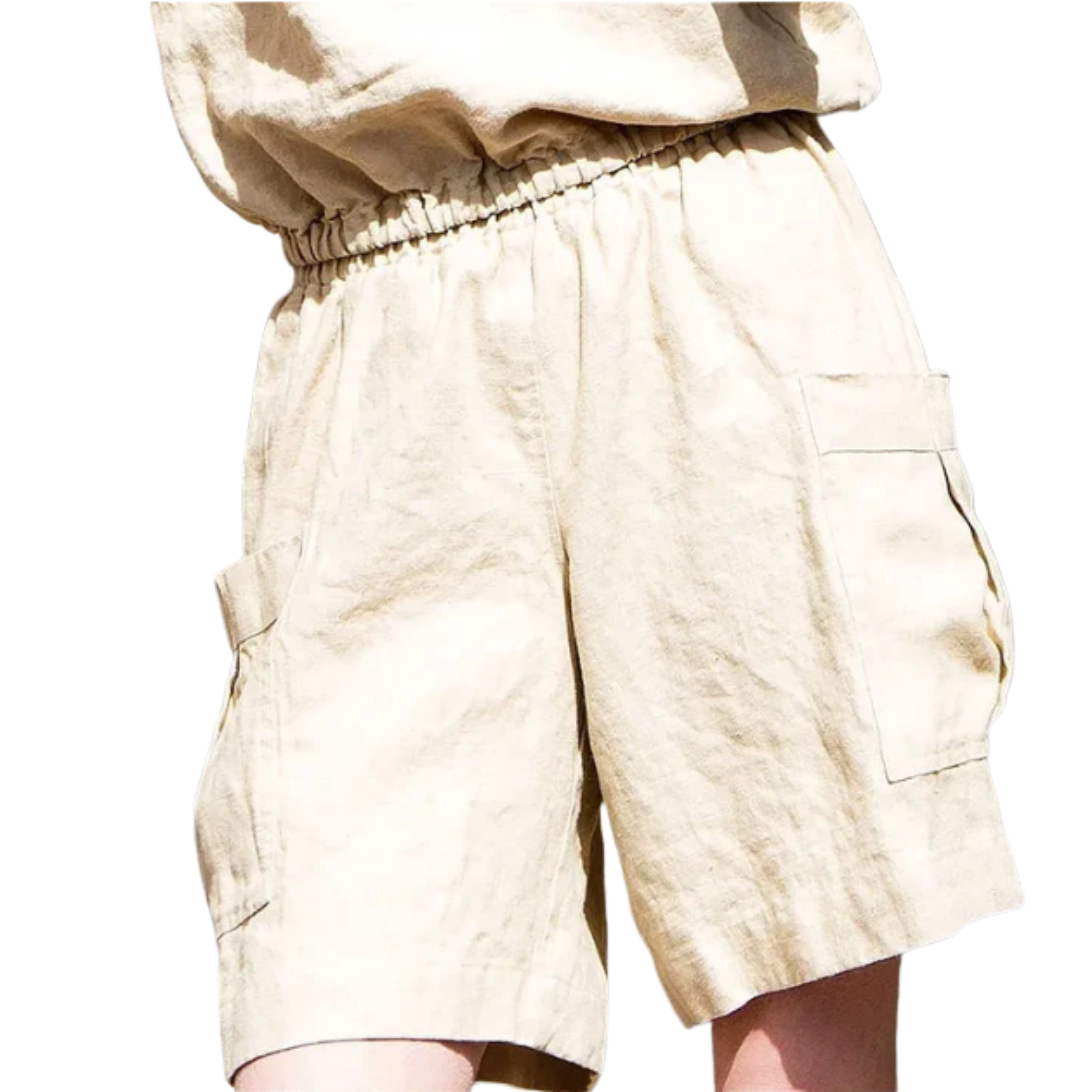 Short bermuda de lino para mujer con talle alto y bolsillos aplicados