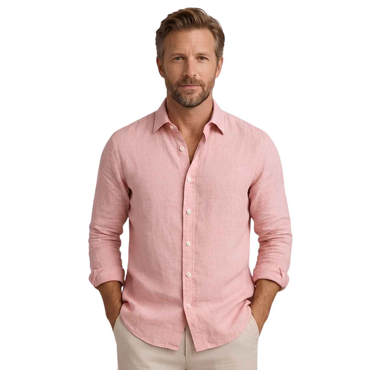 Men's Long-Sleeve Linen Shirt with Classic Collar and Relaxed Fit