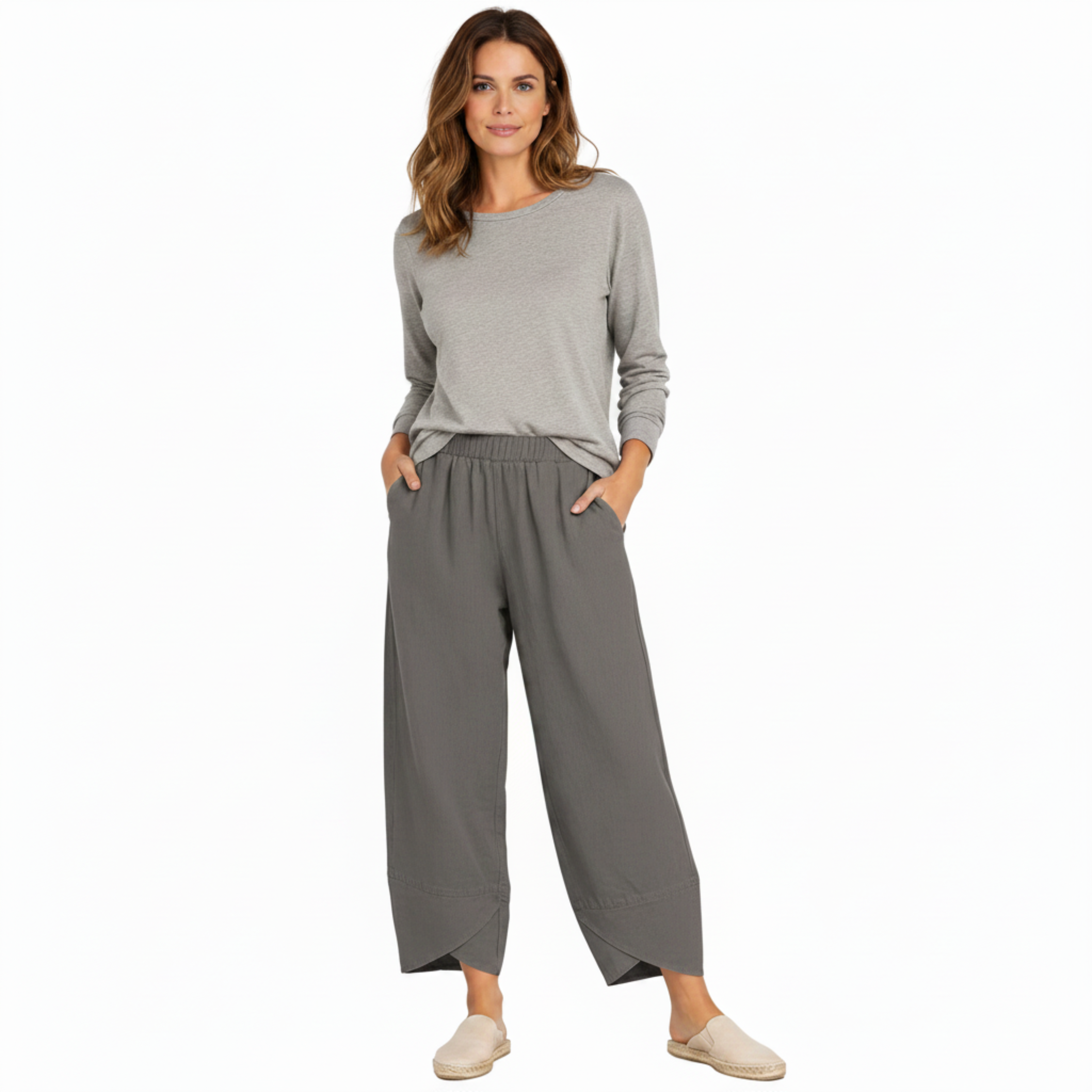 Capri-Hose mit weitem Bein, elastischem Bund und schrägem Saum für Damen