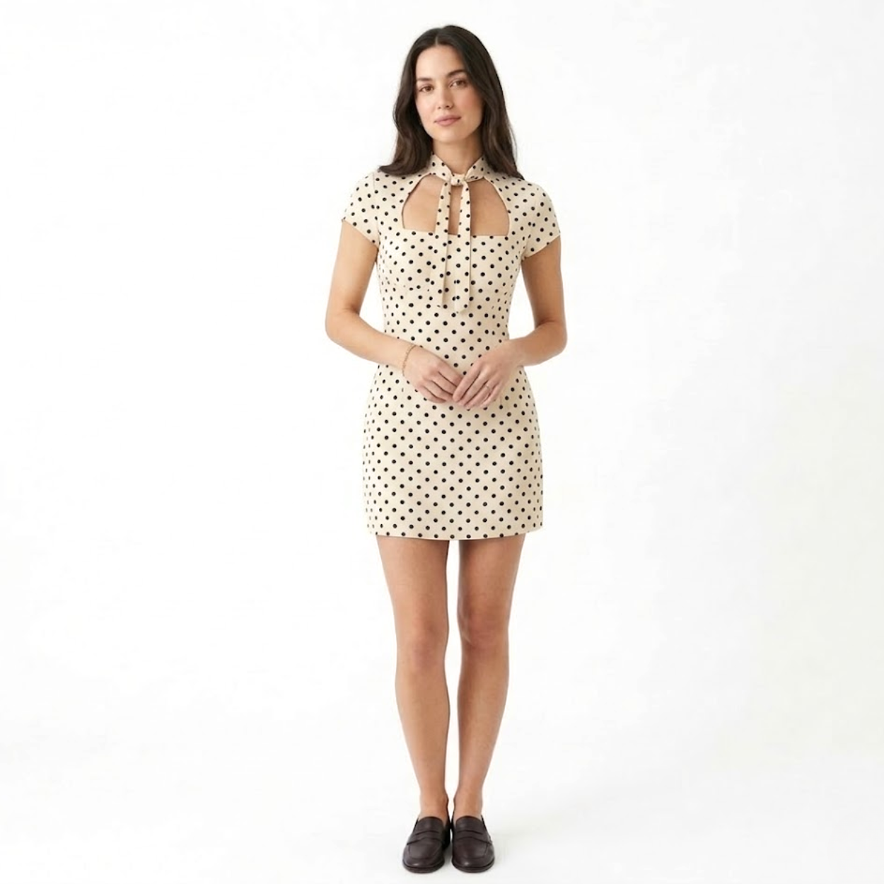 Short Polka Dot Dress with Off-Shoulder and Front Lacing for Women