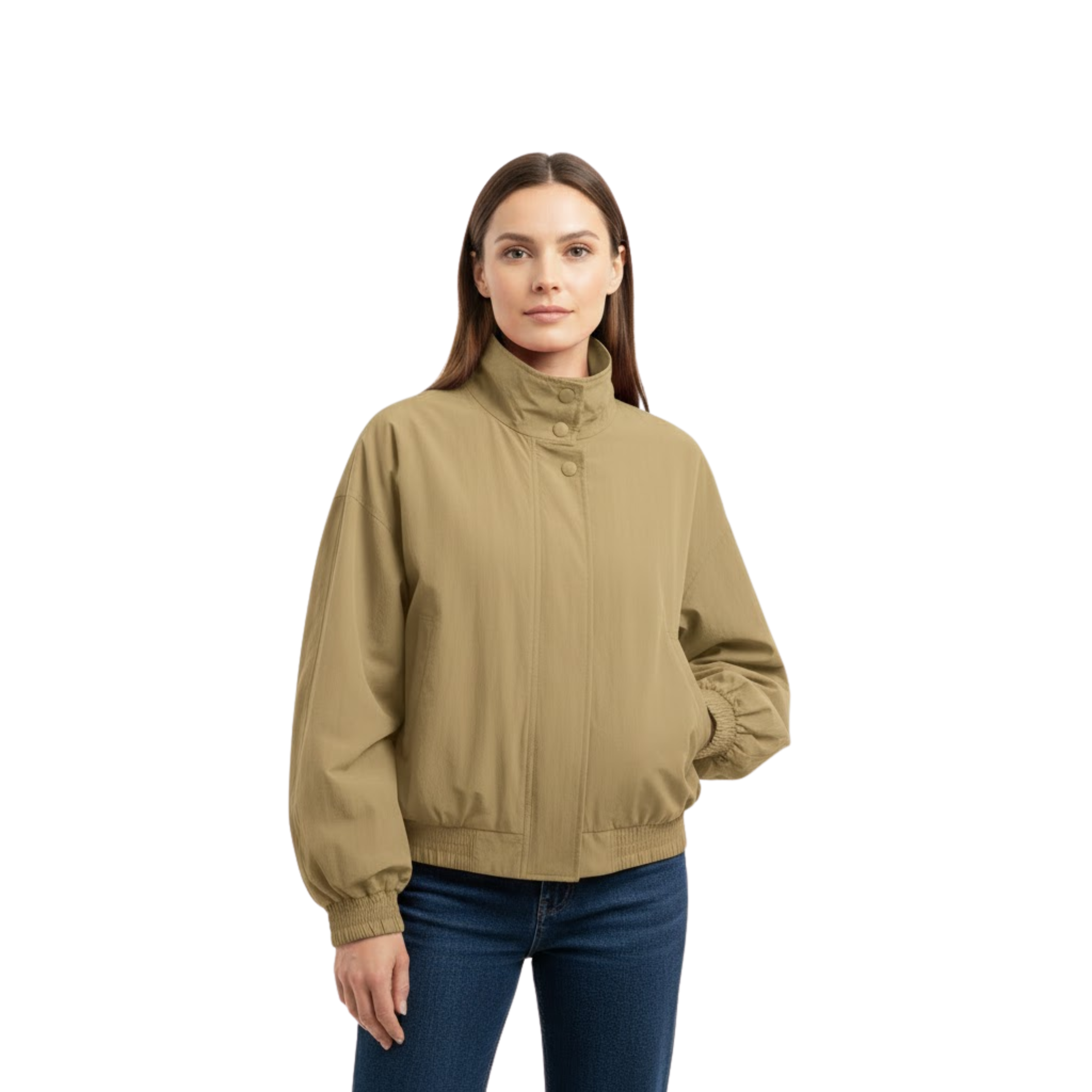 Light Jacket with Stand-Up Collar and Relaxed Fit with Zipper for Women