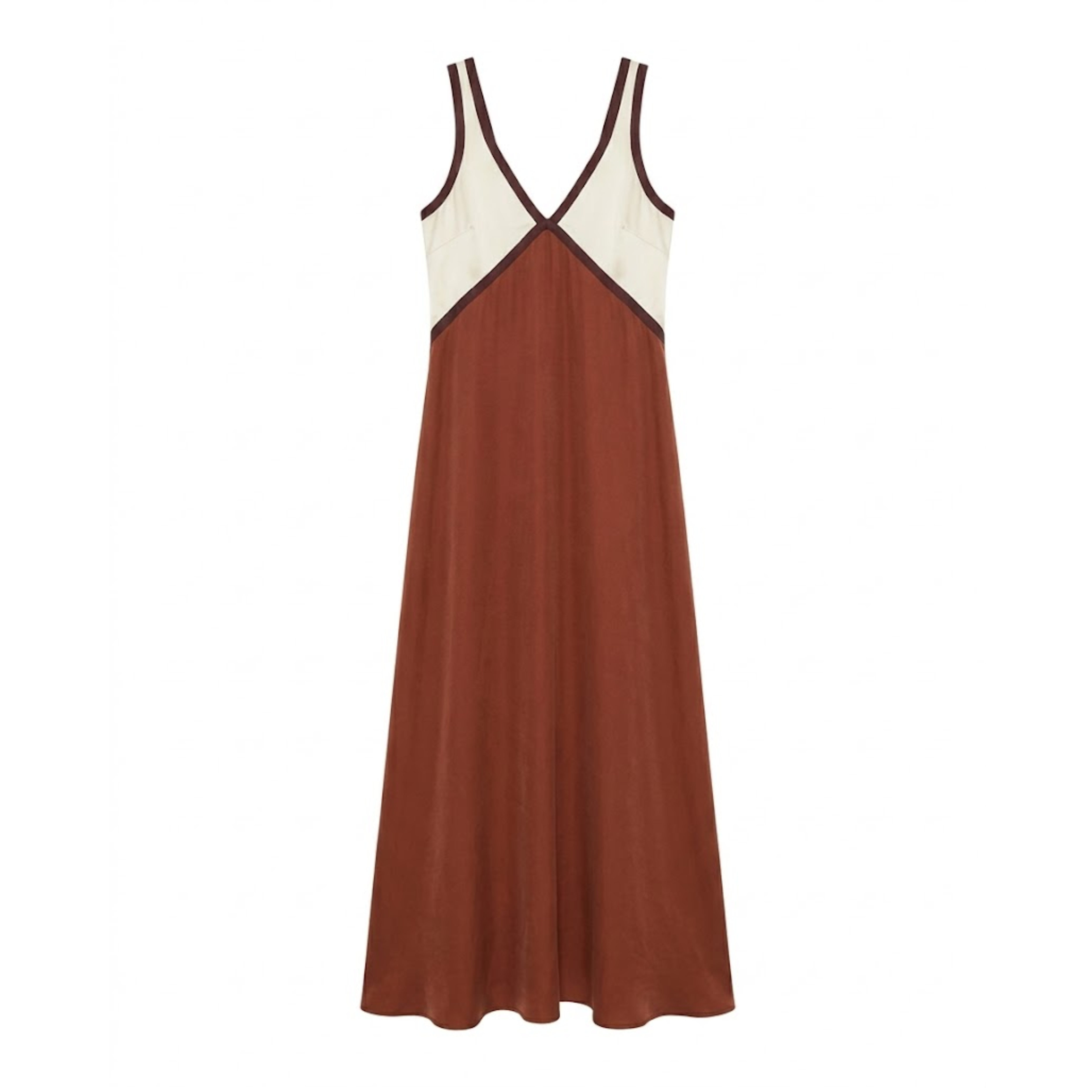Abito lungo in satin senza maniche con scollo a V e design a contrasto