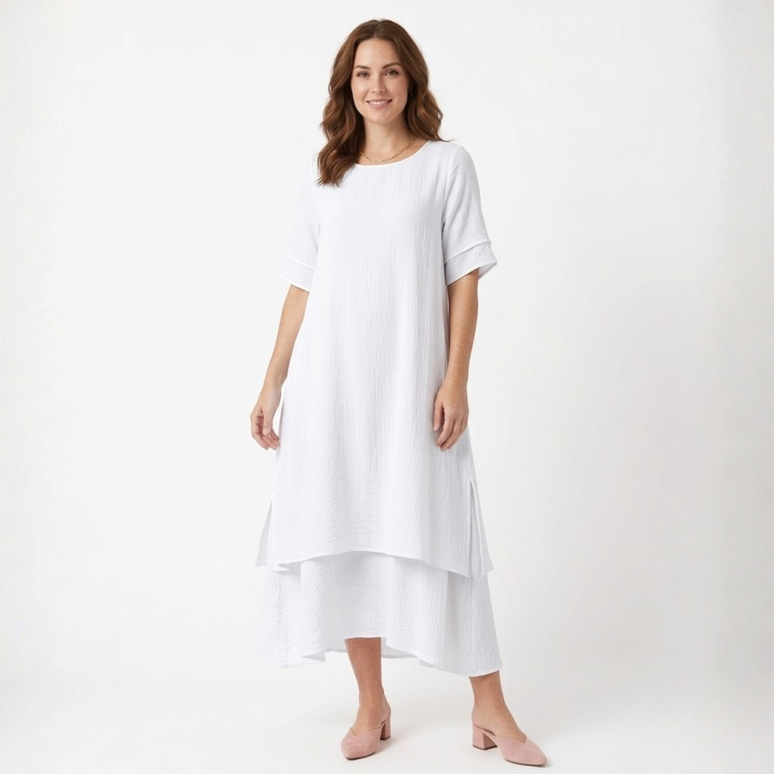 Abito Midi Ampio con Maniche Corte e Sovrapposizioni per Donna