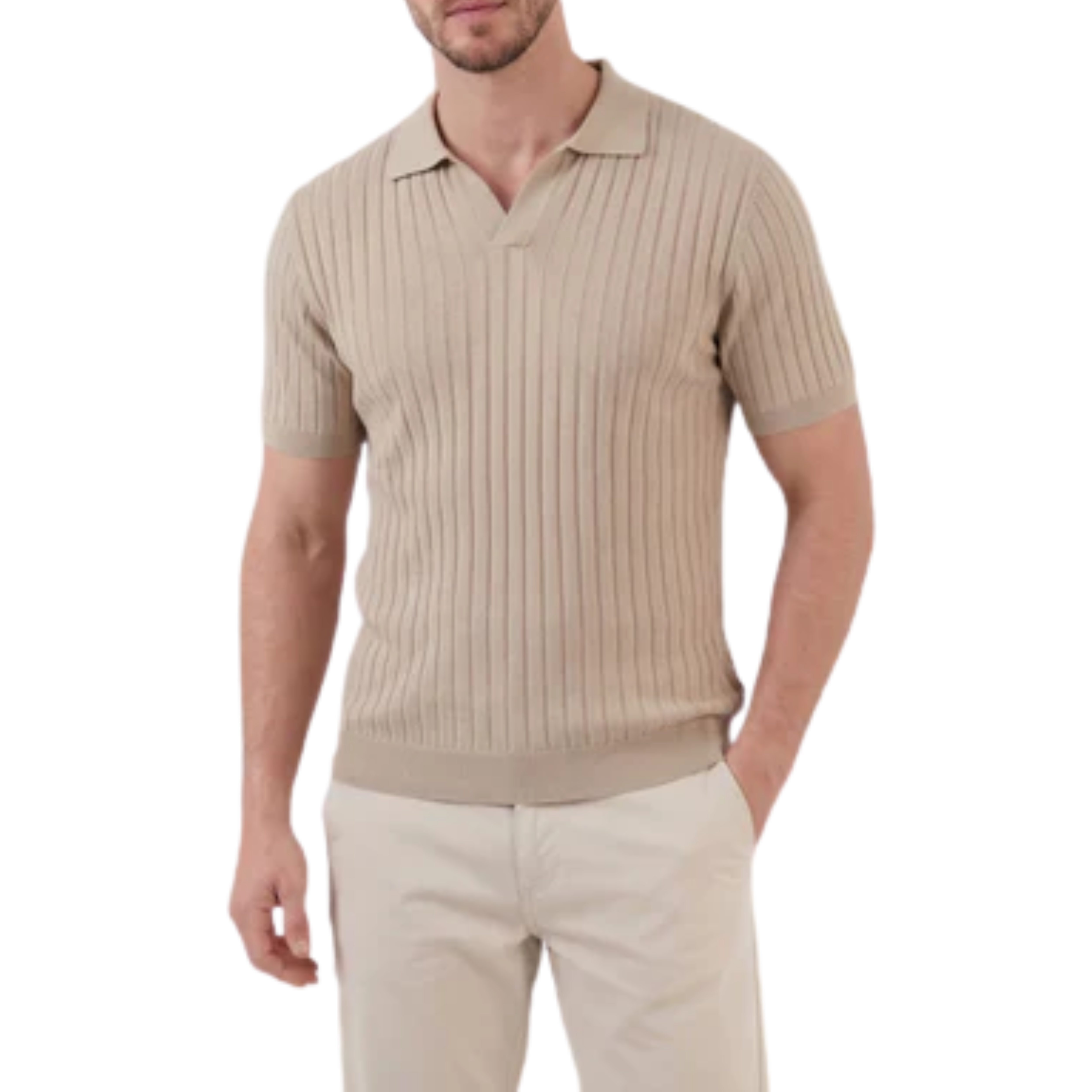 Polo uomo in maglia a coste con collo a V e maniche corte — relax