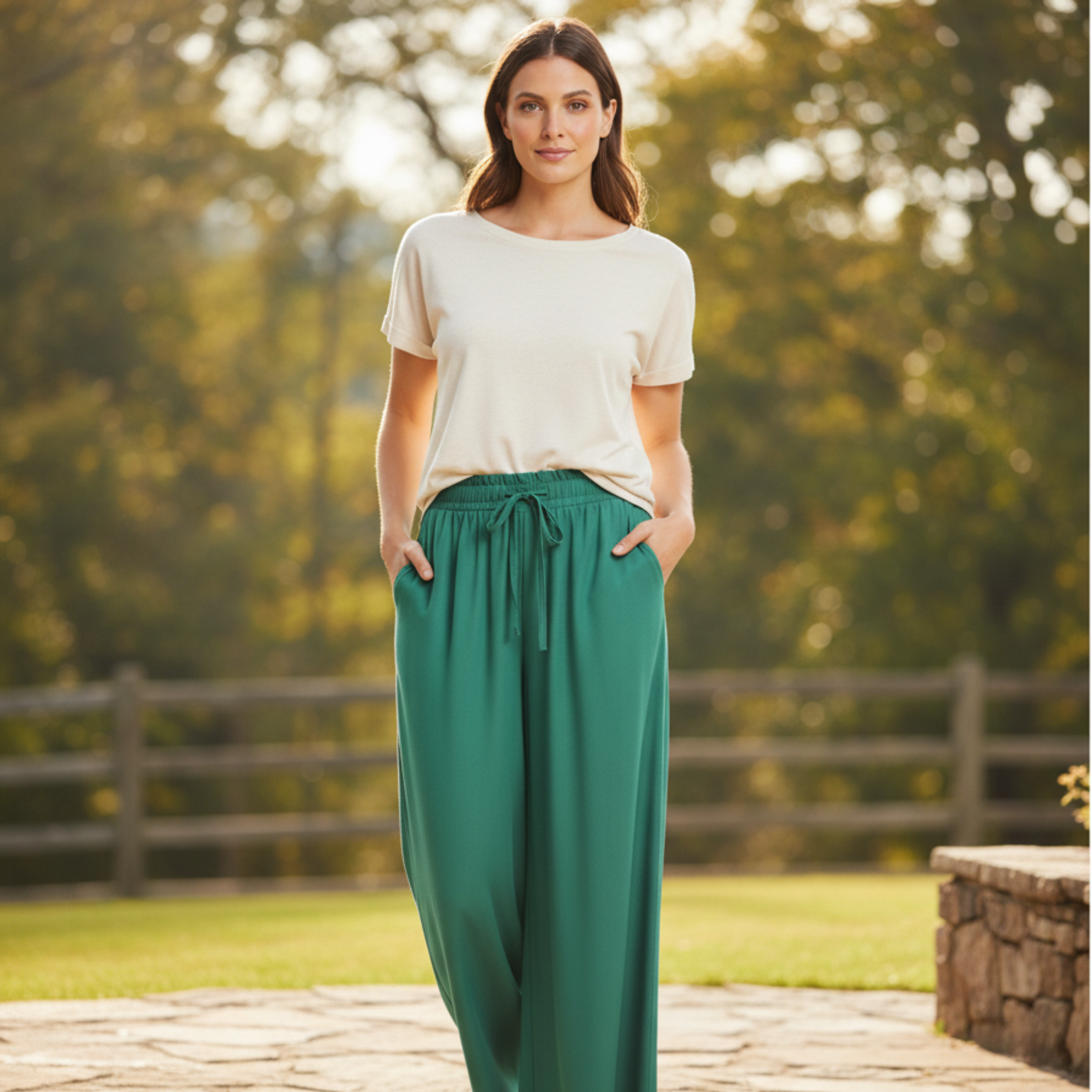 Luźne spodnie damskie z szerokimi nogawkami, elastyczną talią i kieszeniami