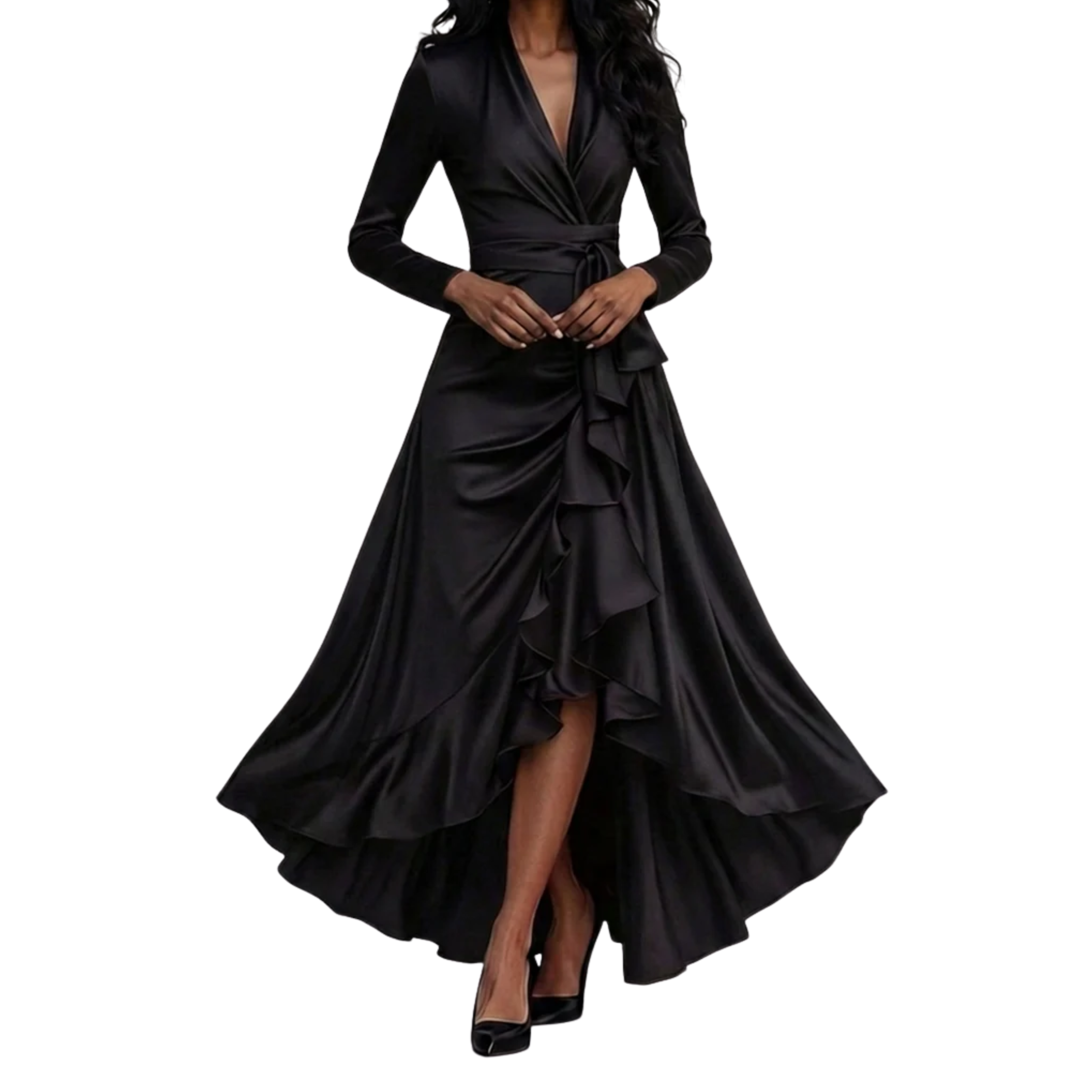 Long Satin Cocktail Dress with Wrap Design and Cascade Skirt