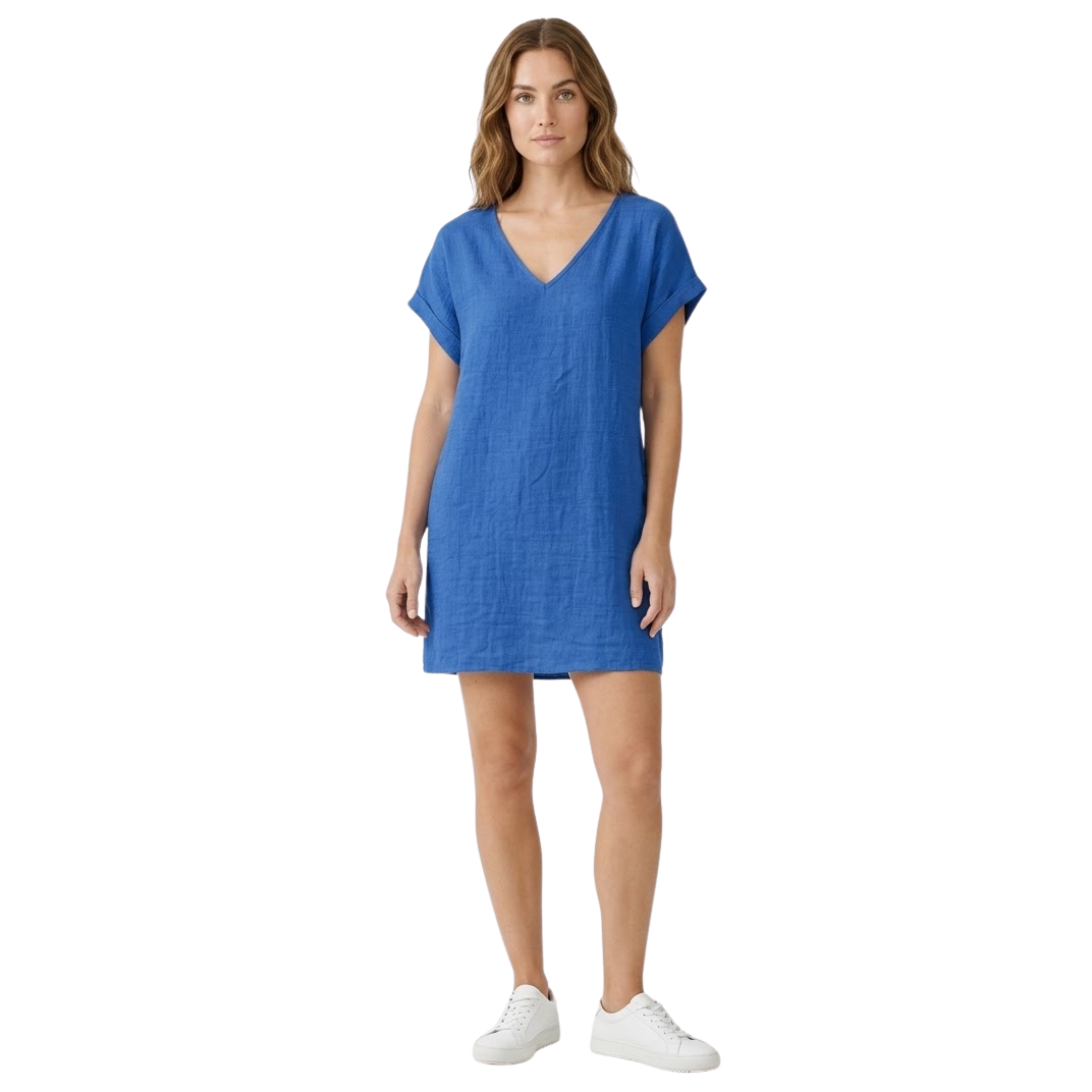 Rövid lenruha V-nyakú és felhajtott rövid ujjakkal