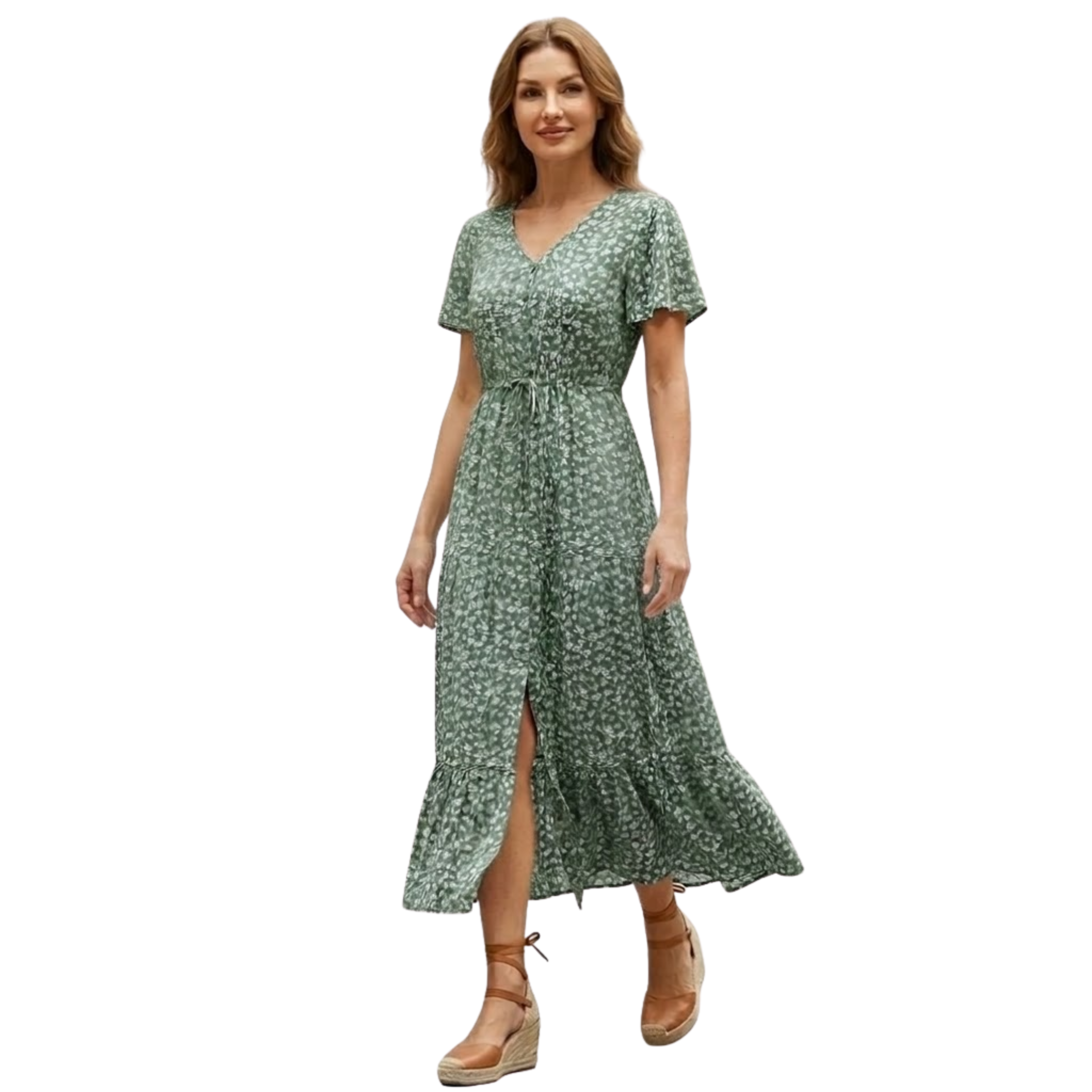 Floral Cotton Long Dress with V-Neck and Front Buttons for Women