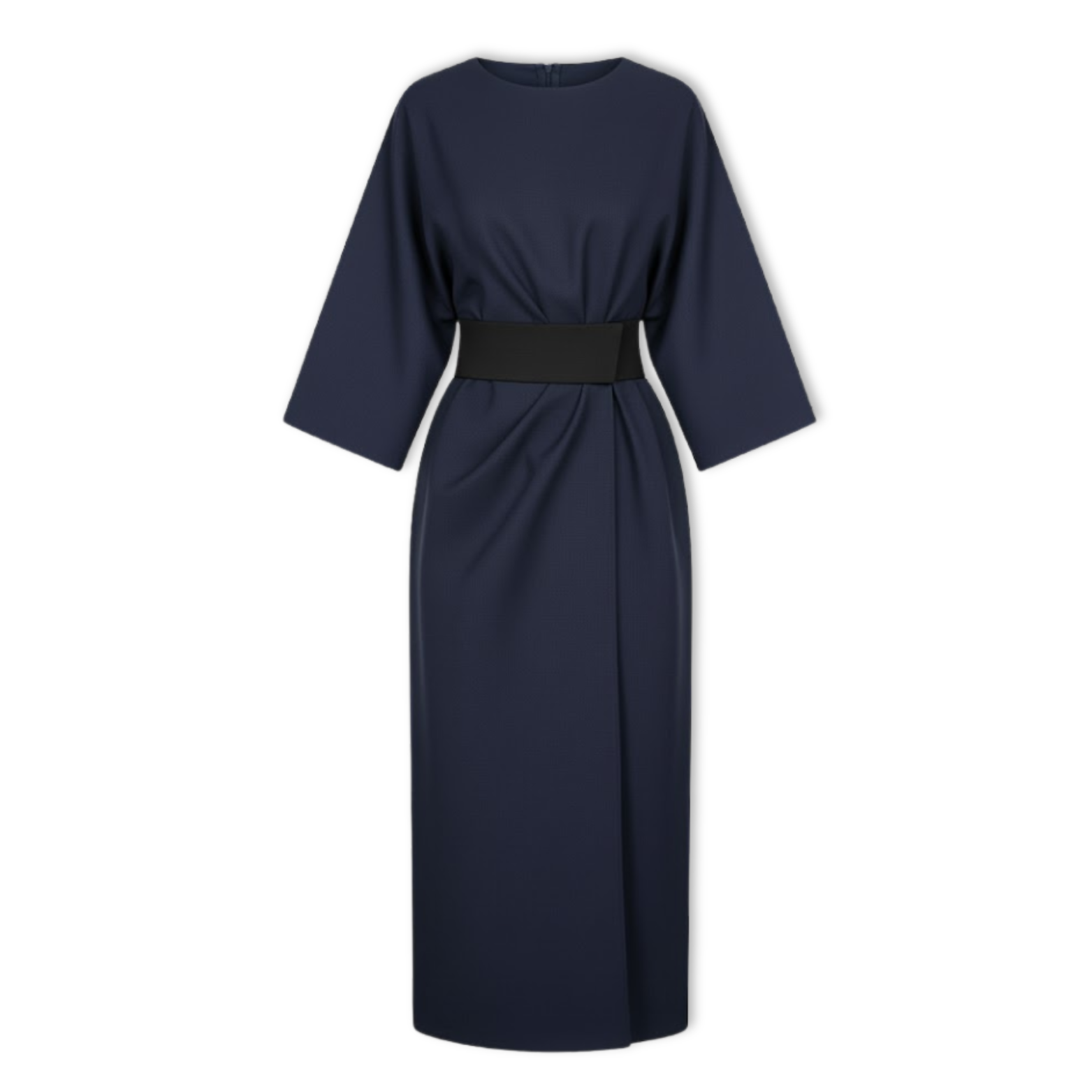 Long women's dress with batwing sleeves and a fitted waist, flowing silhouette