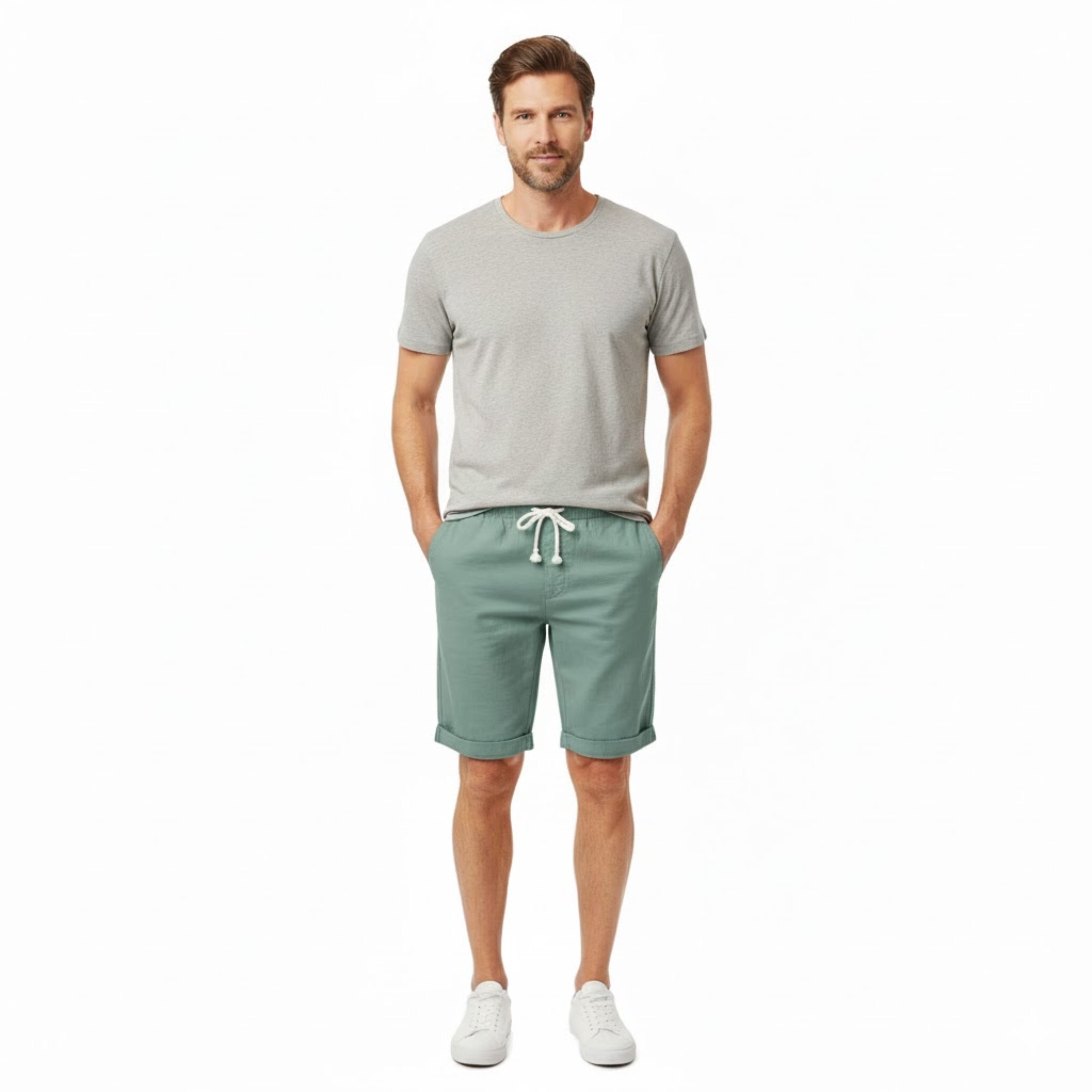 Shorts für Herren aus 100 % Leinen mit elastischem Bund und Kordelzug, gerade geschnitten
