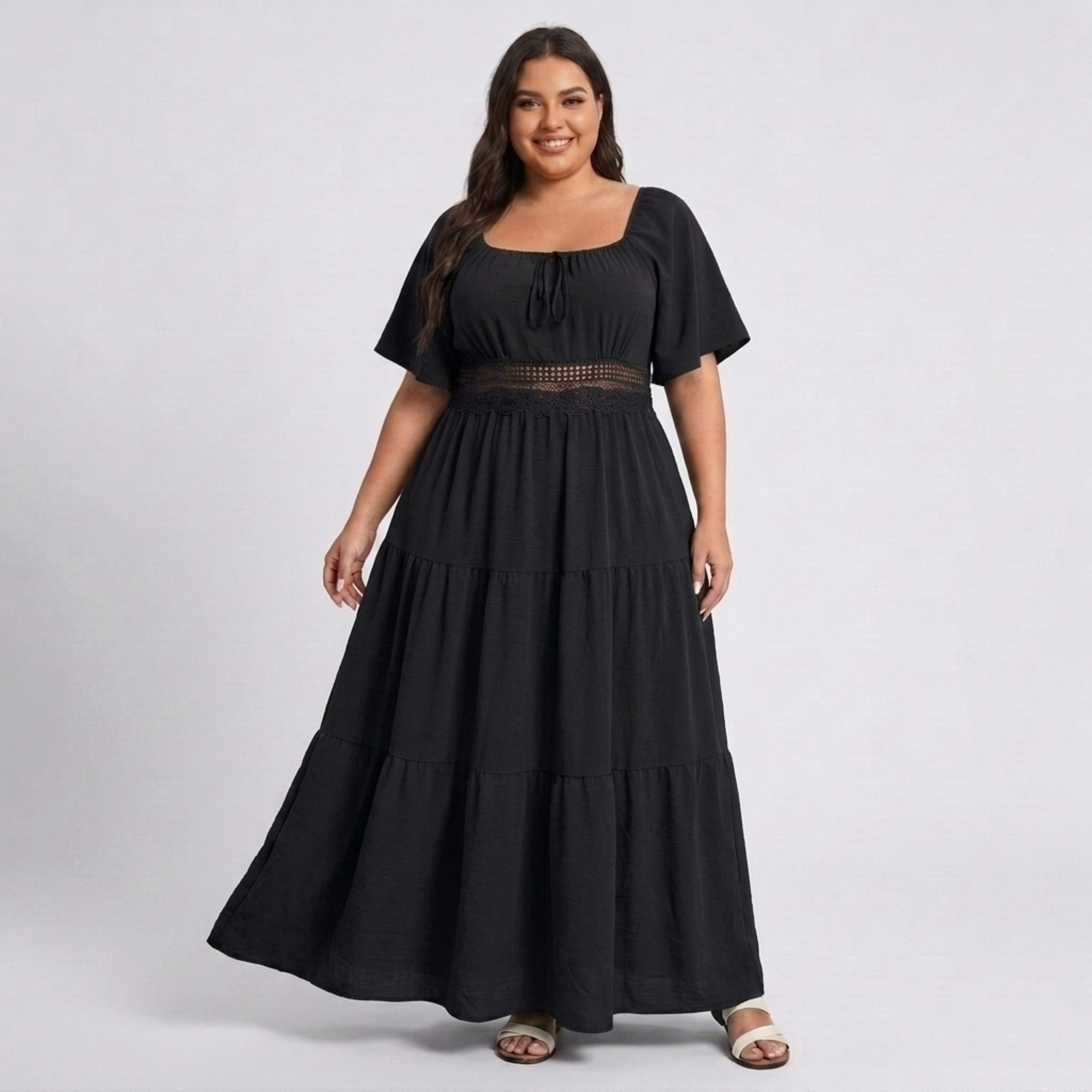 Robe longue grande taille imprimée champêtre avec col carré et manches papillon