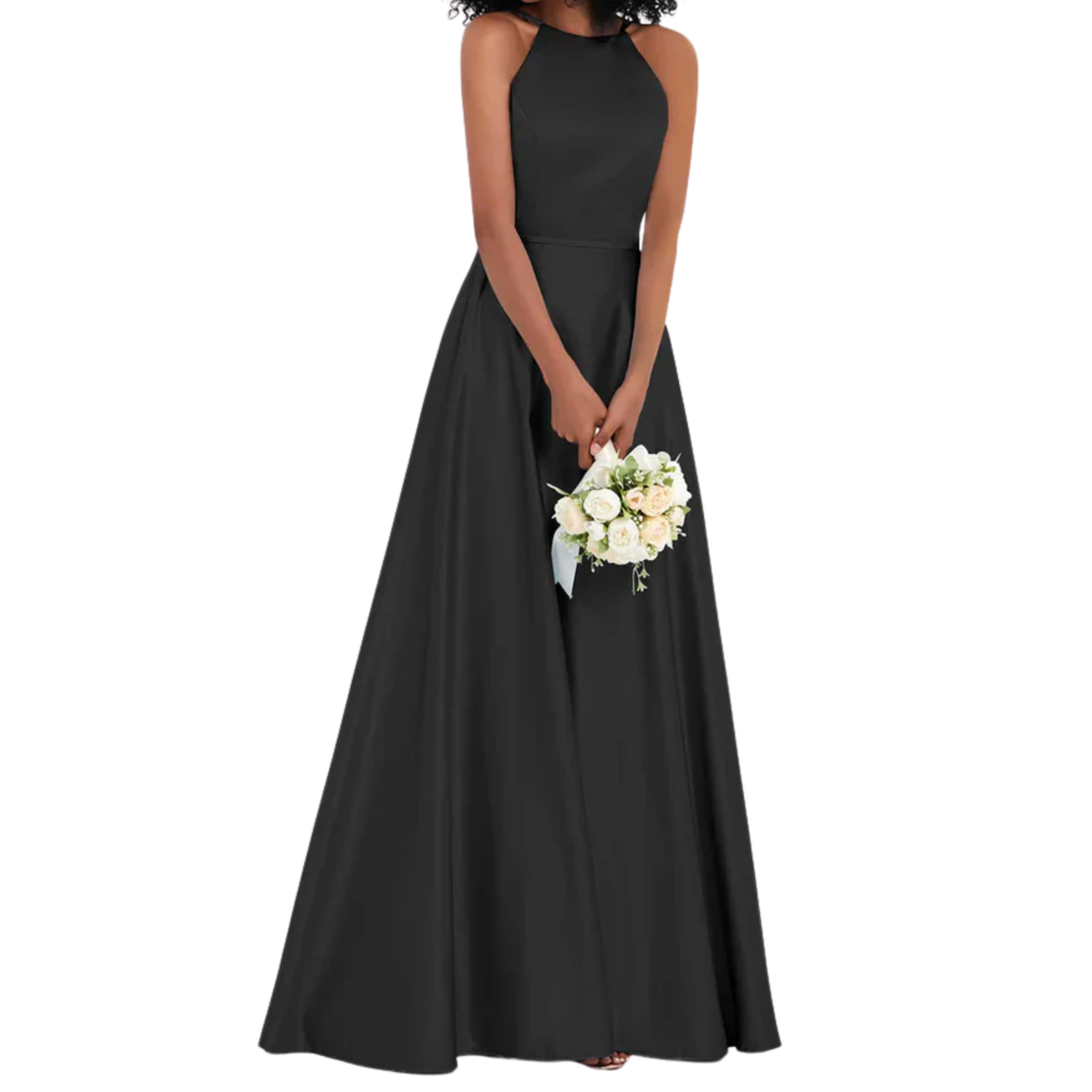 Vestido de ceremonia para mujer en satén brillante corte evasé con espalda descubierta