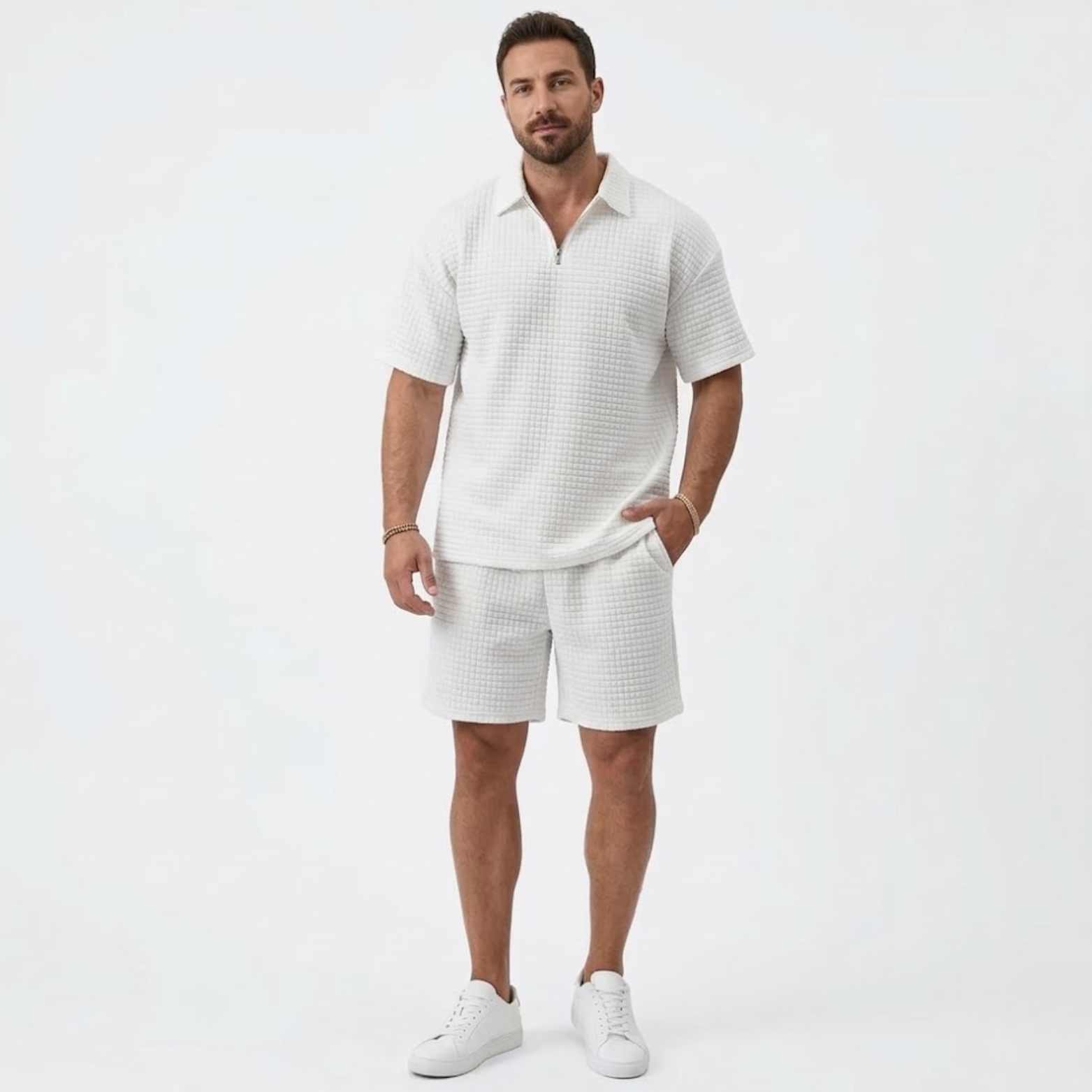 Men's Casual Set with Lapel Shirt and Checkered Shorts