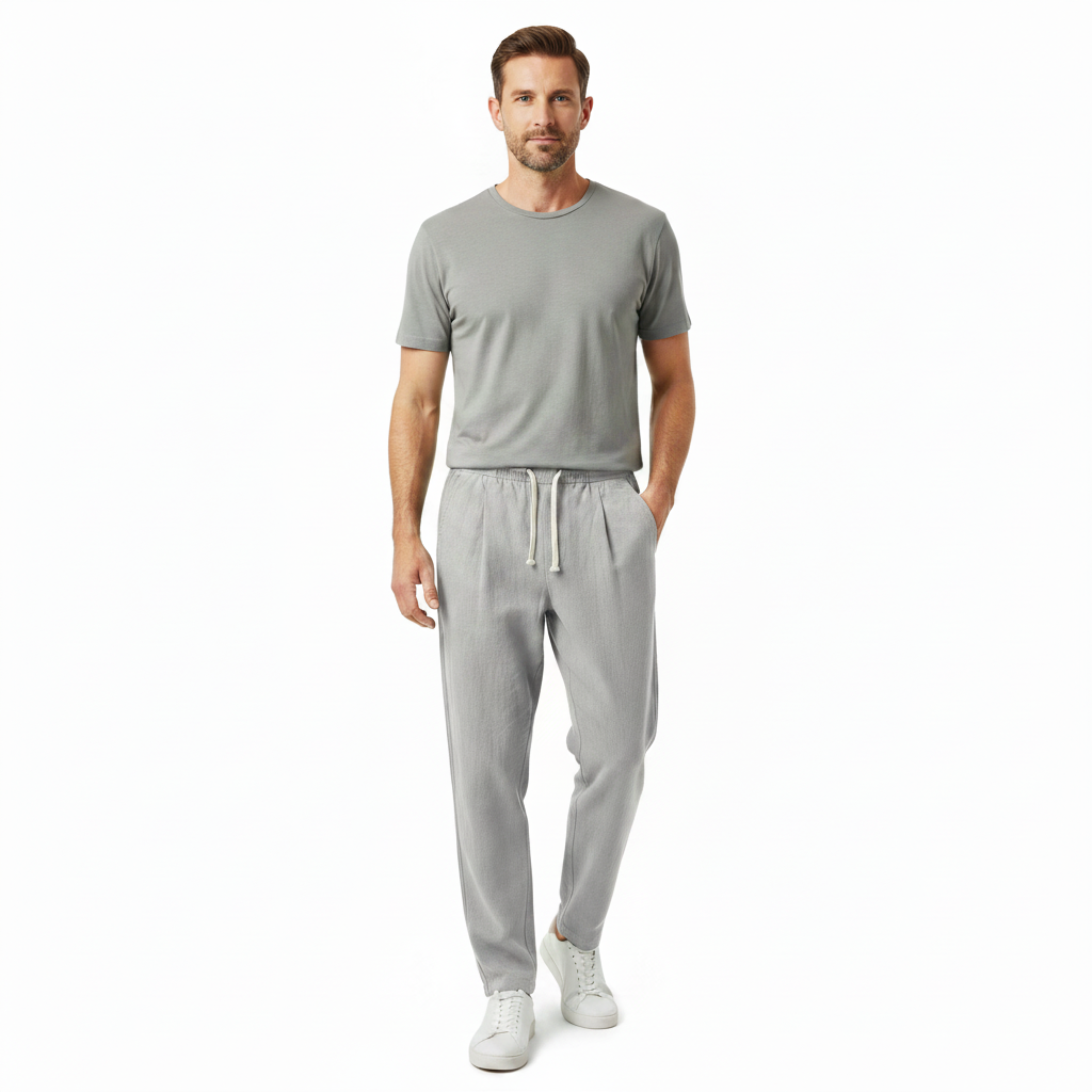 Men's Linen Capri Pants Relaxed Tapered Fit with Elastic Waistband