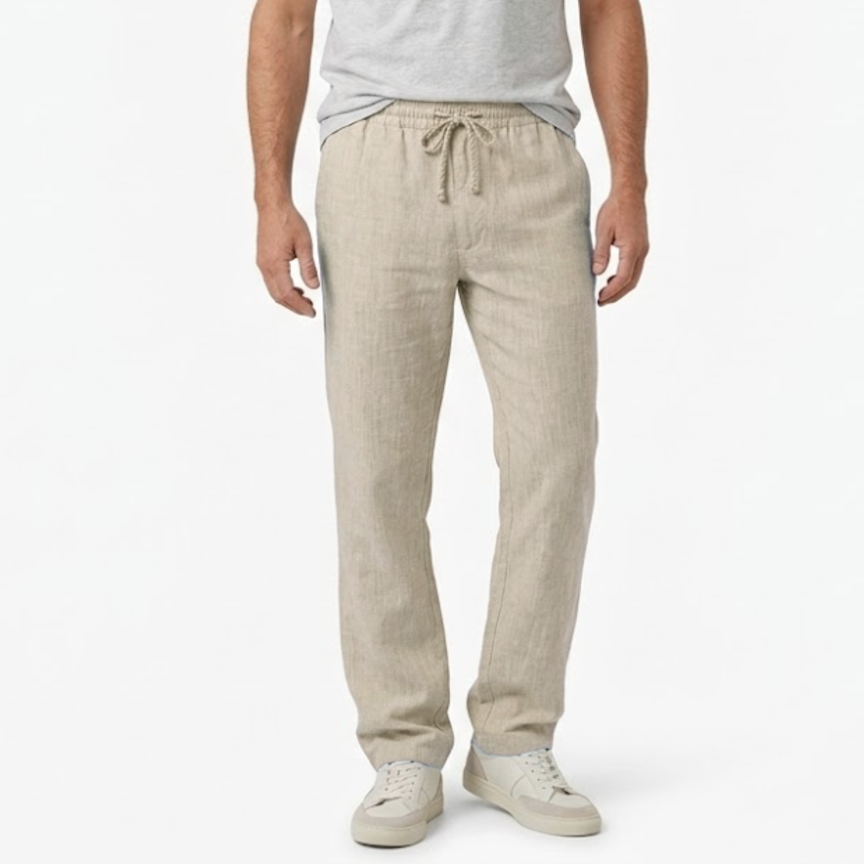 Cotton and Linen Pants for Men with Elastic Waist and Back Pockets