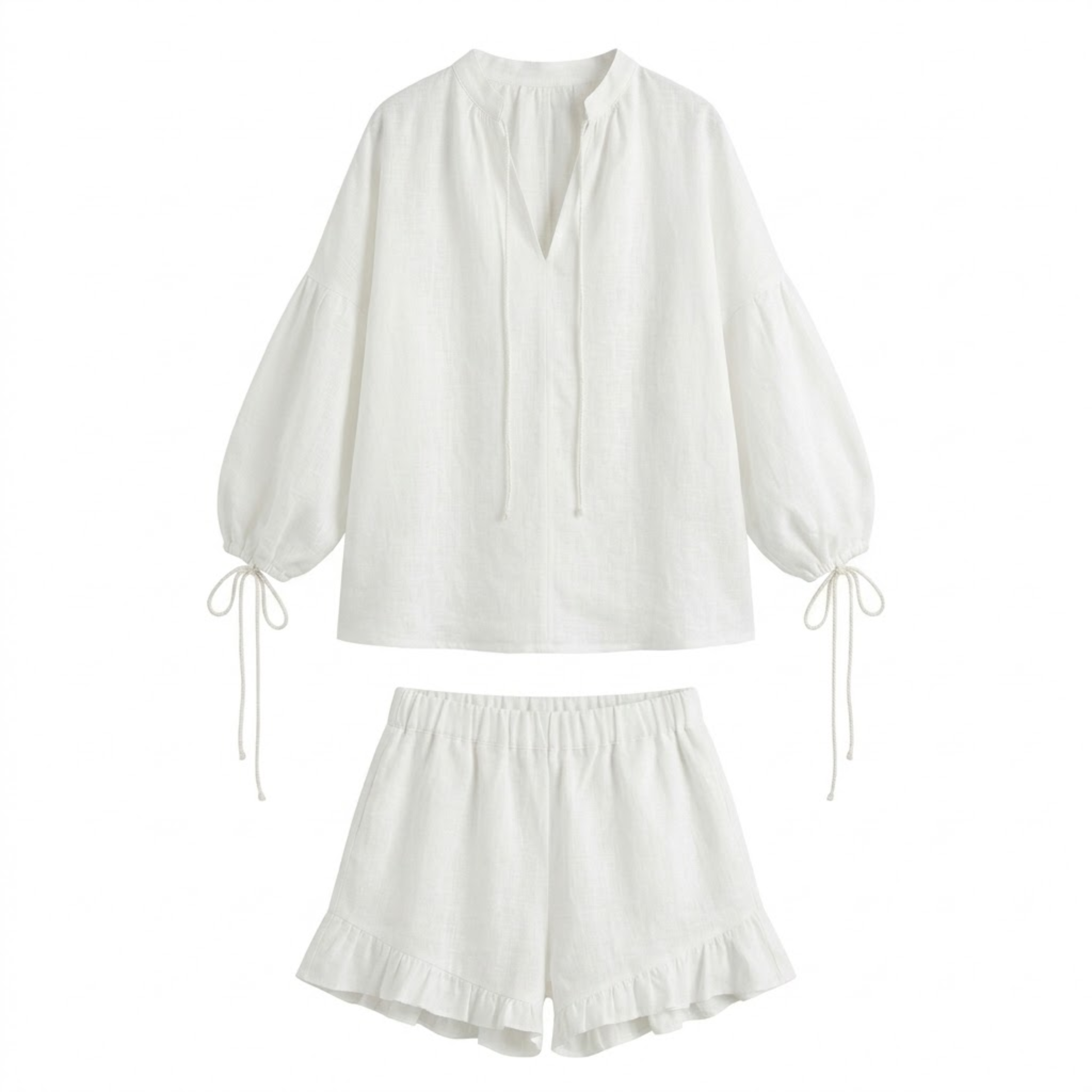 Women's Two-Piece Set with Long-Sleeve Blouse and Ruffled Shorts