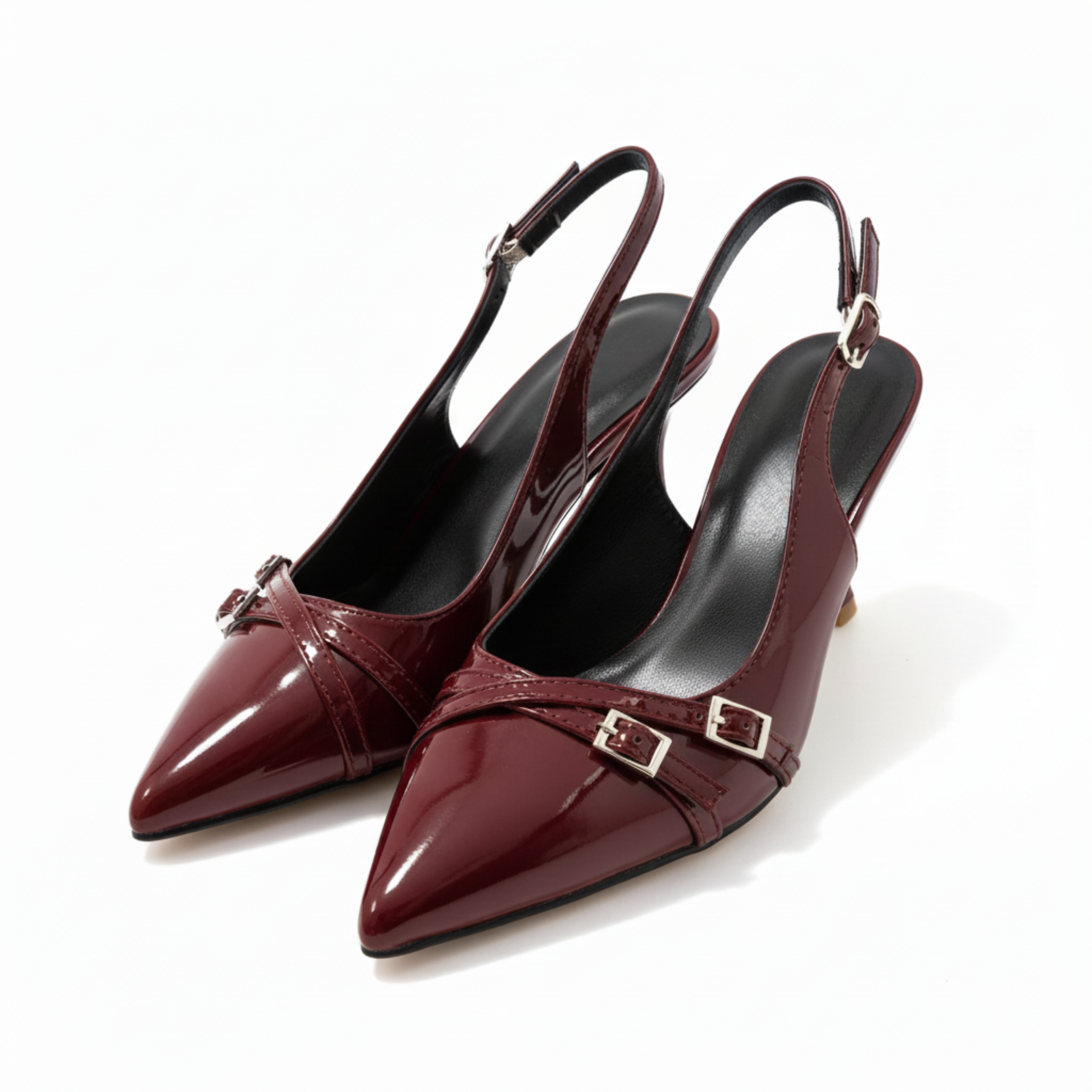 Escarpins Slingback à Bout Pointu en Similicuir Verni avec Brides pour Femmes