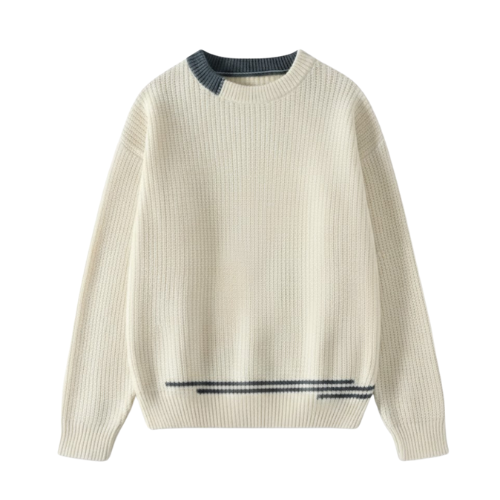 Men's Korean Round Neck Fitted Sweater with Patchwork Details