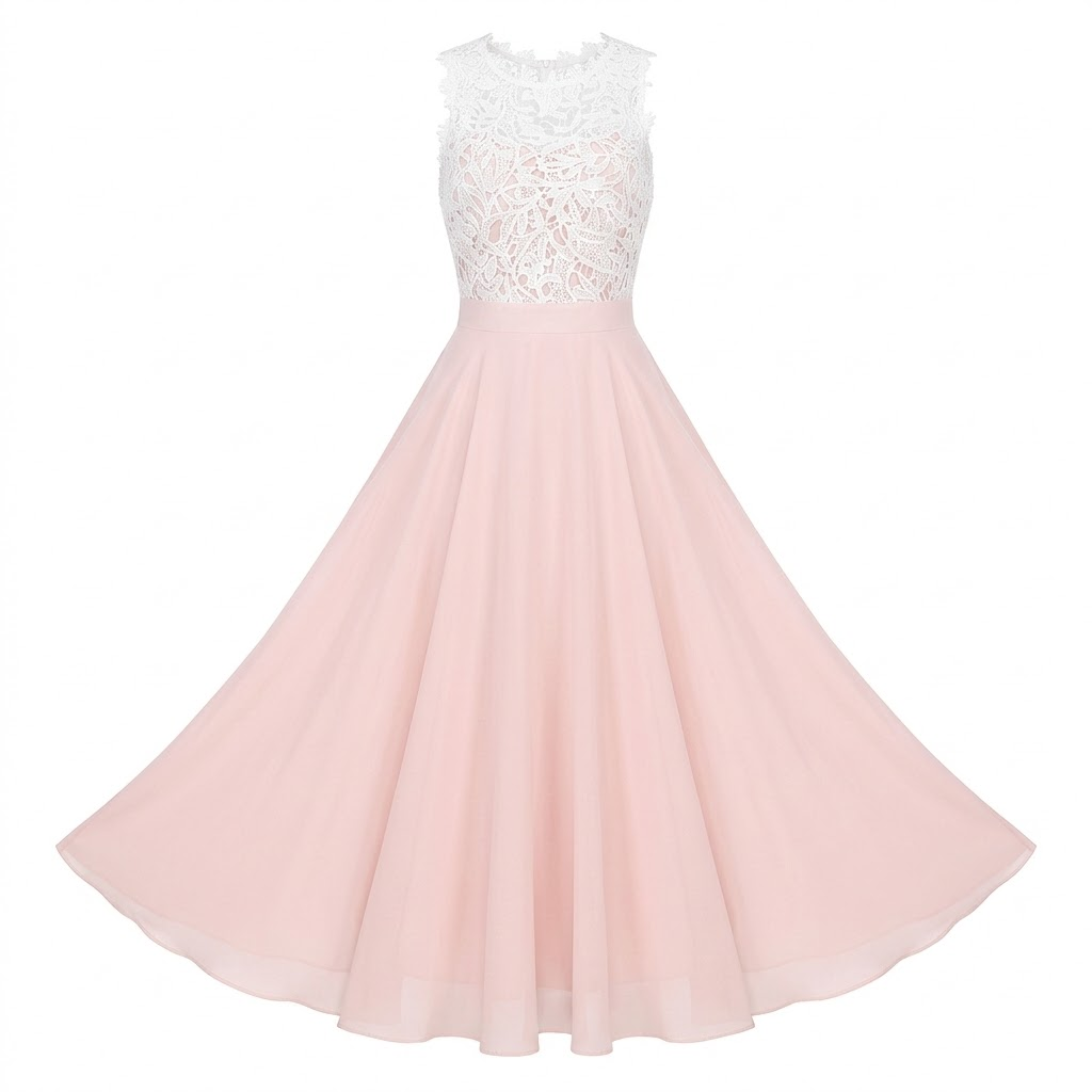 Sleeveless Long Evening Dress in Lace and Chiffon with Crocheted Bodice