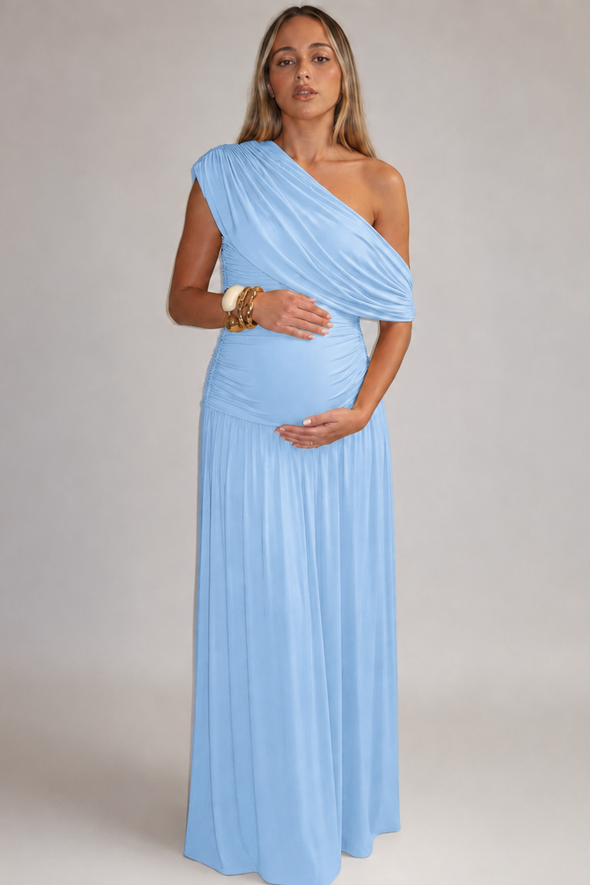 Elegant asymmetrisk lang graviditetskjole