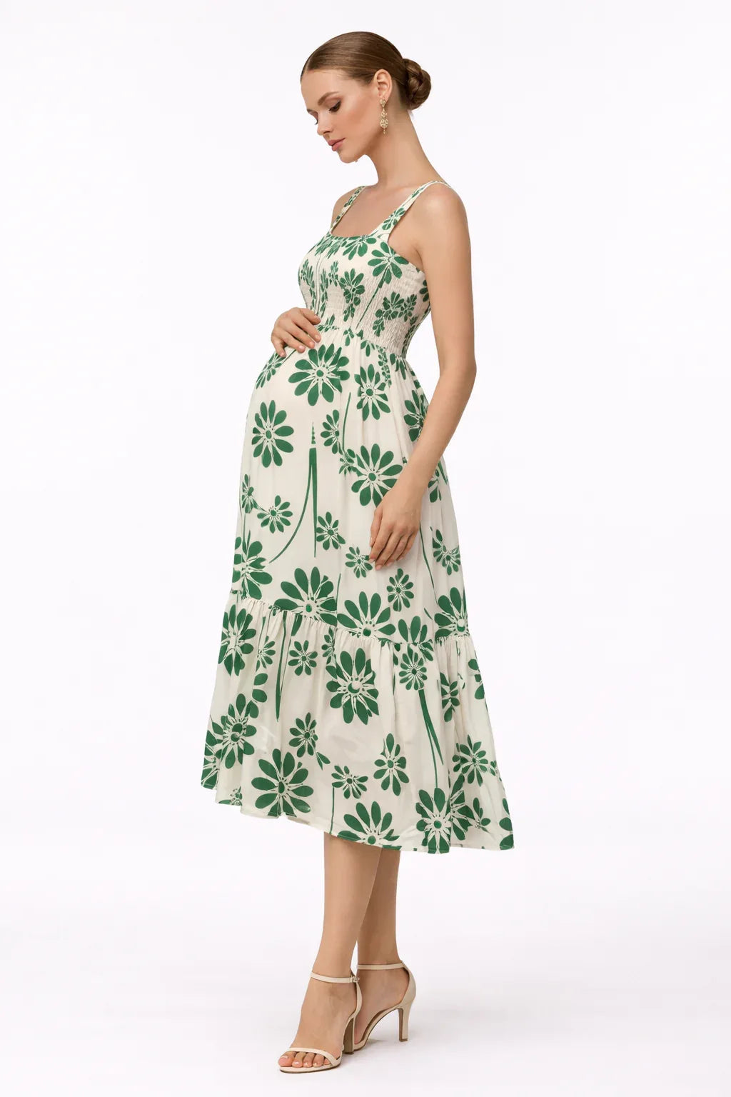Midi Maternity Dress with Floral Print and Smocked Back