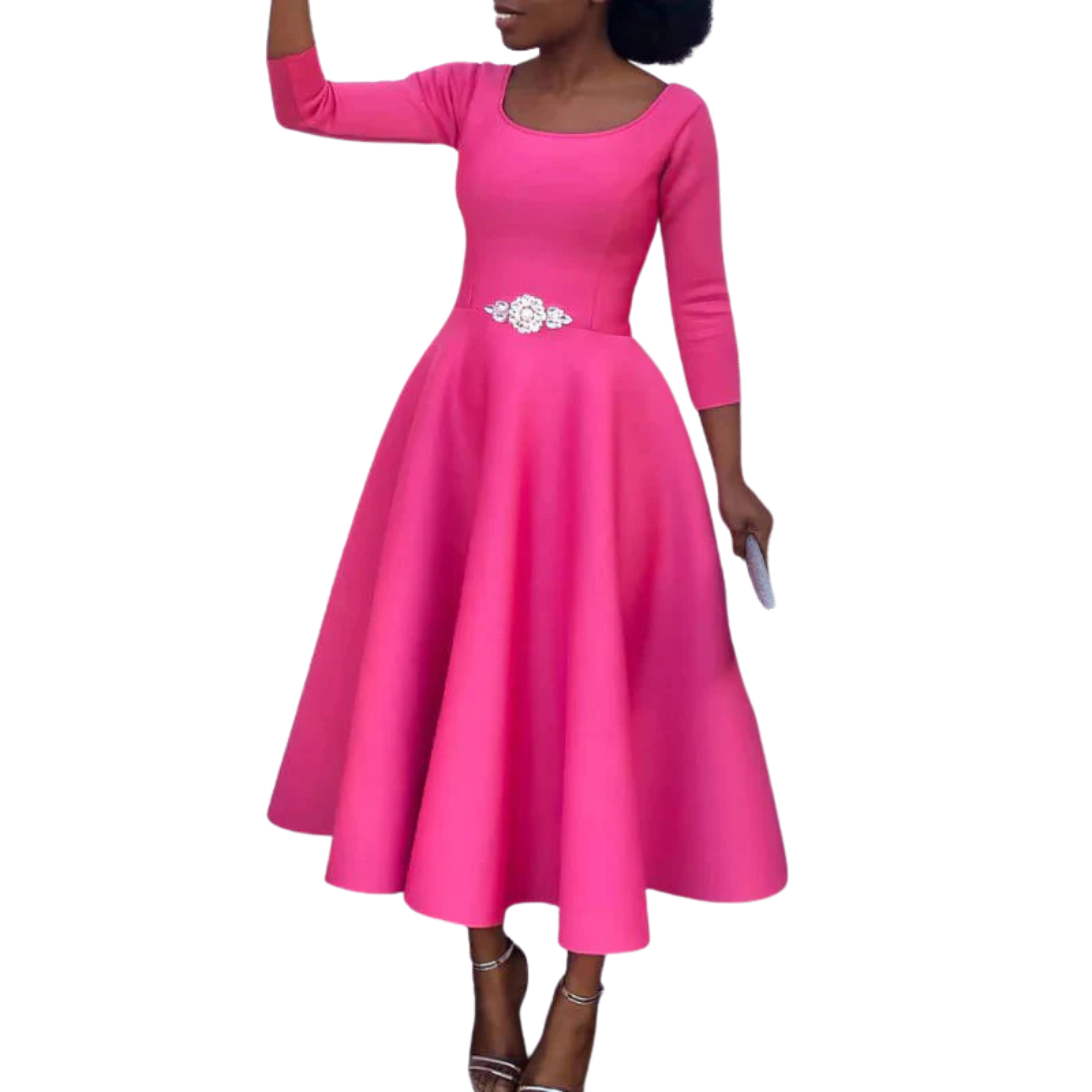 Midi ausgestelltes Abendkleid mit 3/4-Ärmeln für Hochzeitsgäste