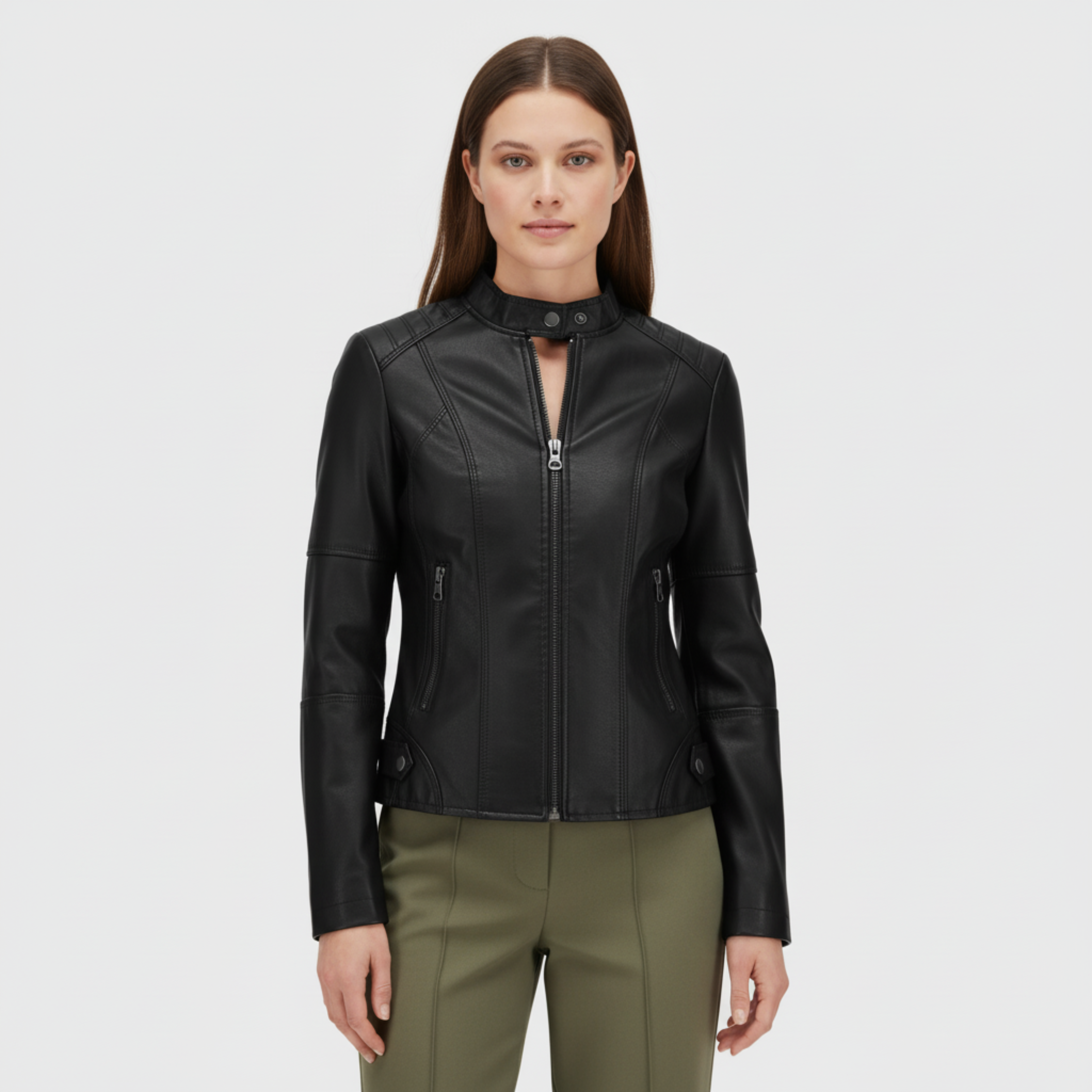 Women's Leather Jacket with Officer Collar and Zipper, Fitted Cut