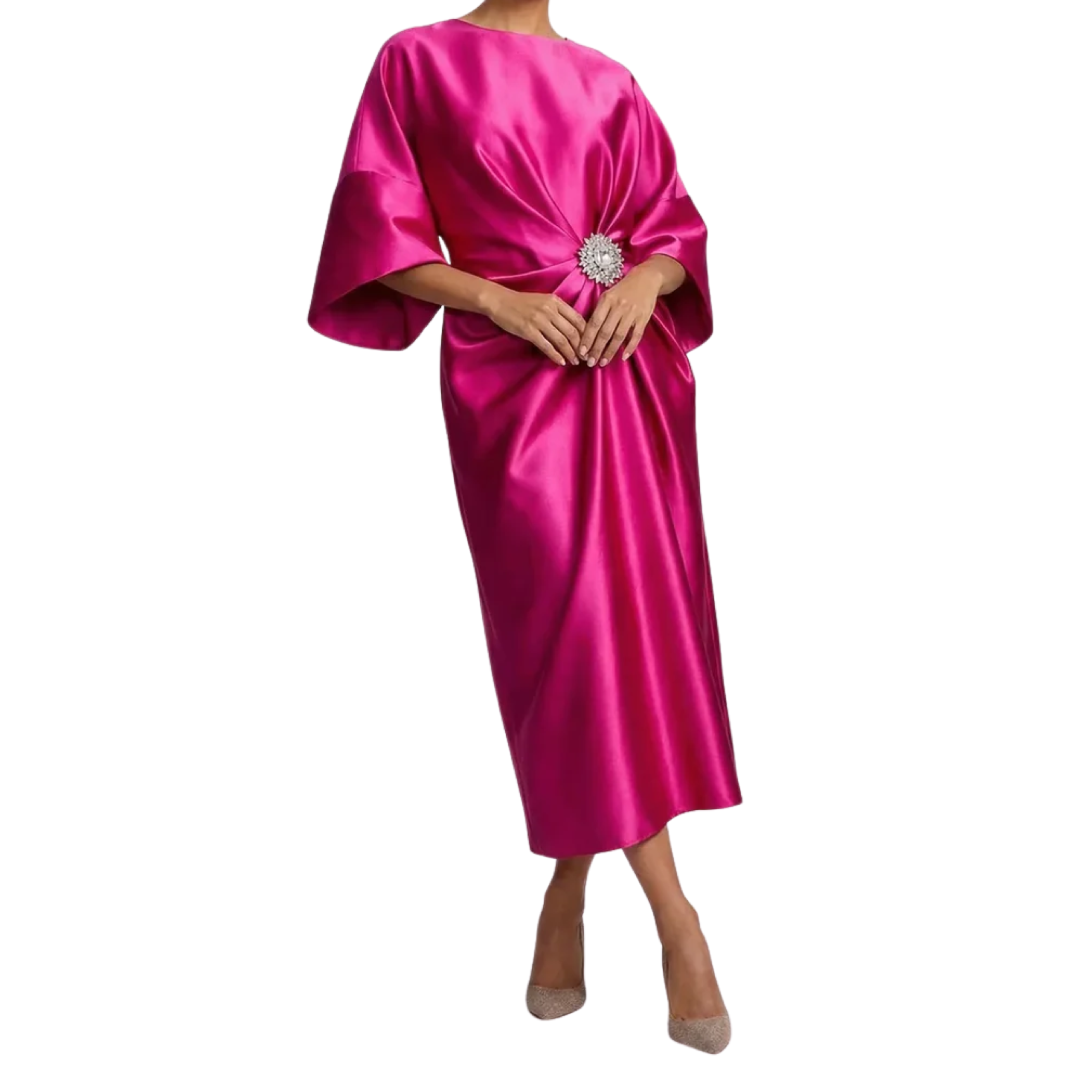Vestido de Noche Midi Satinado para Invitada de Boda con Mangas Murciélago