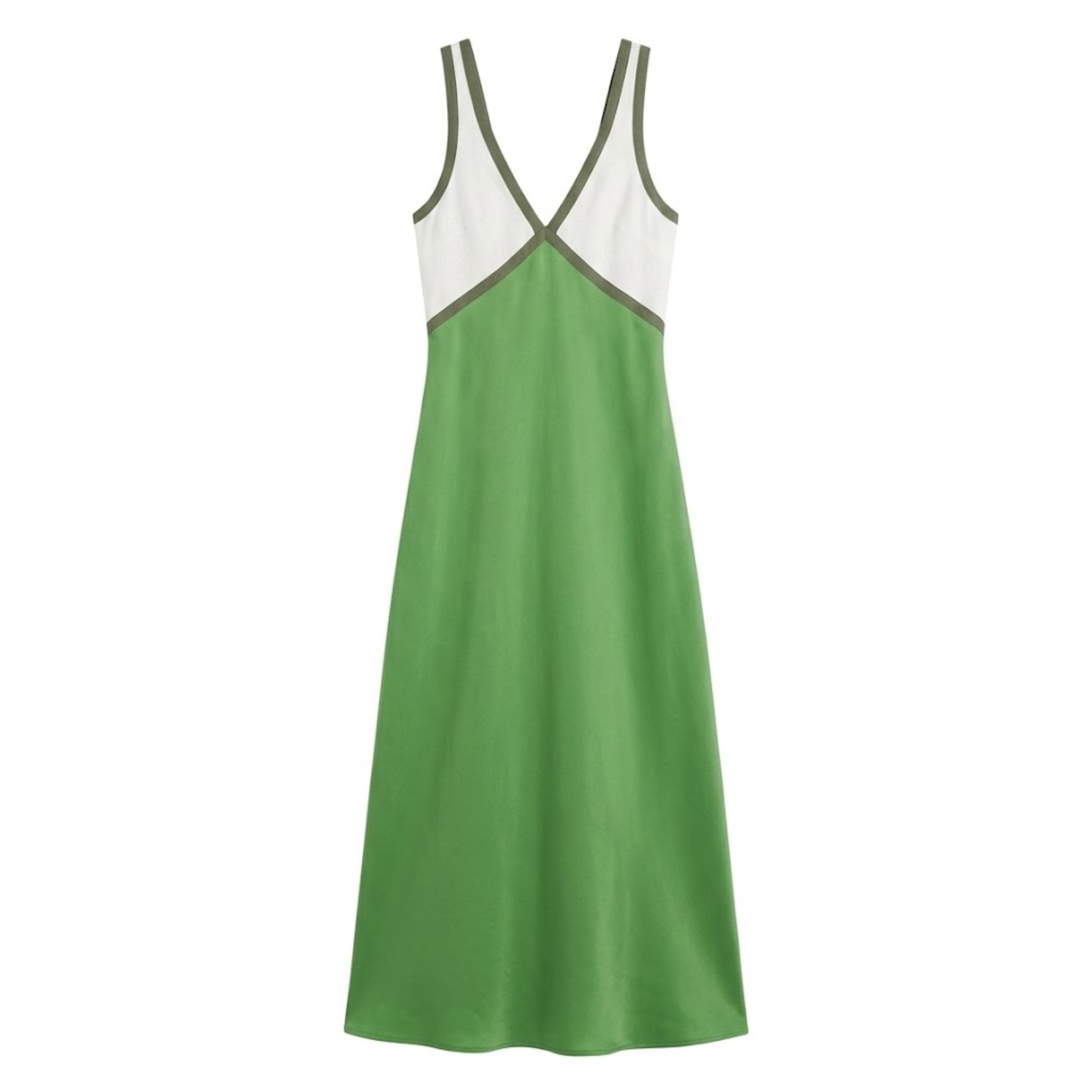 Abito lungo in satin senza maniche con scollo a V e design a contrasto