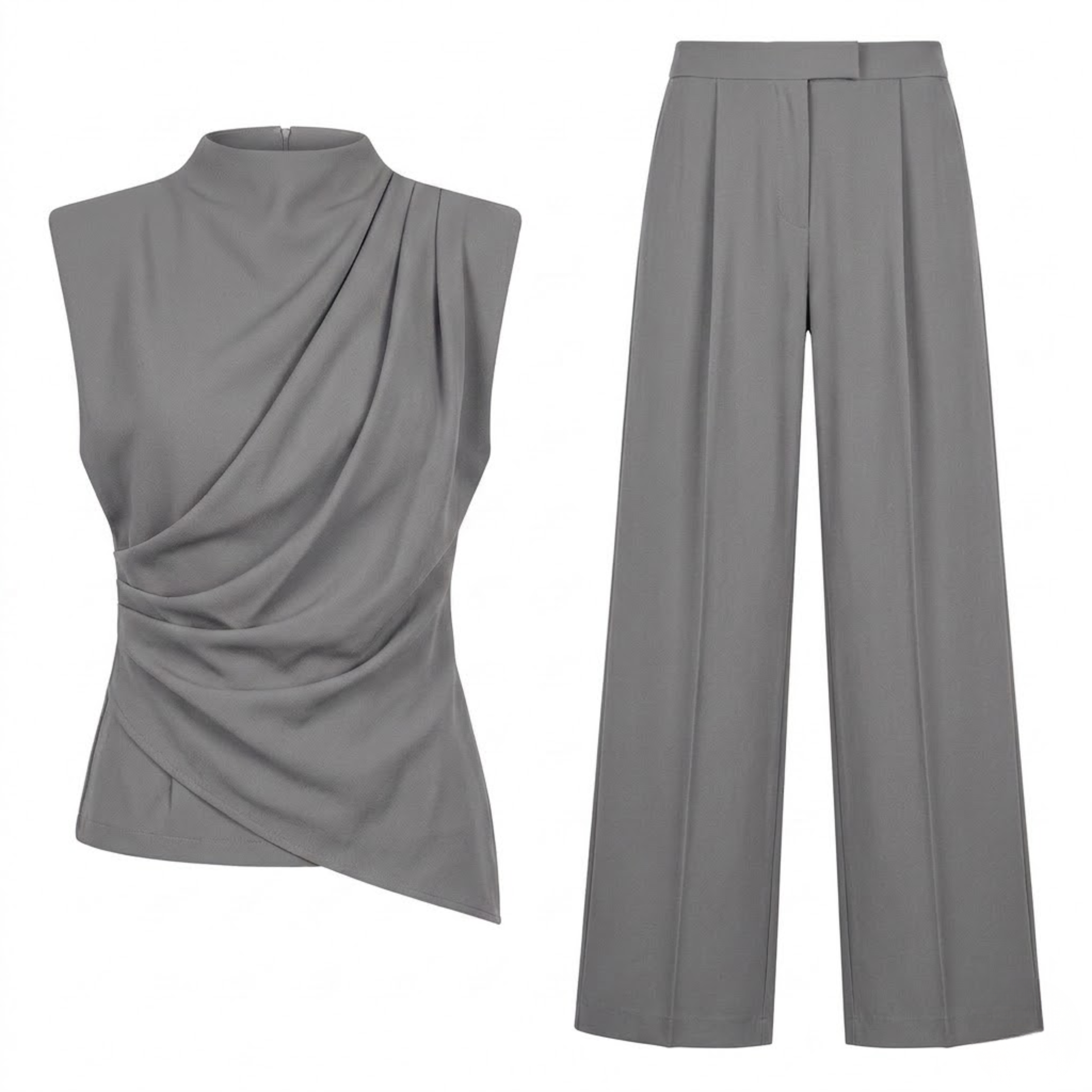 Conjunto de dos piezas para mujer con top sin mangas drapeado y pantalón ancho fluido