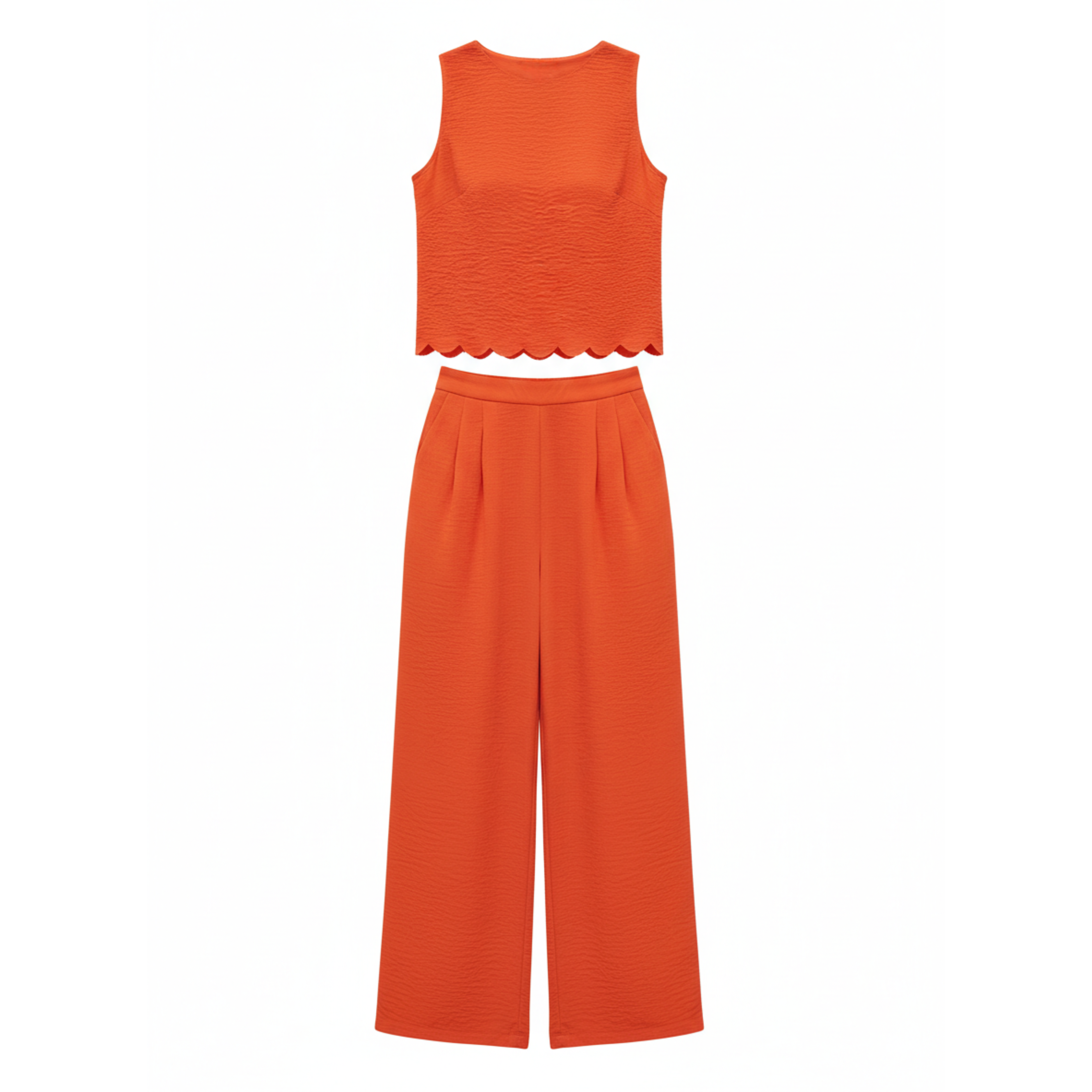Completo due pezzi donna: top senza maniche con bordo a conchiglia e pantaloni larghi alla caviglia