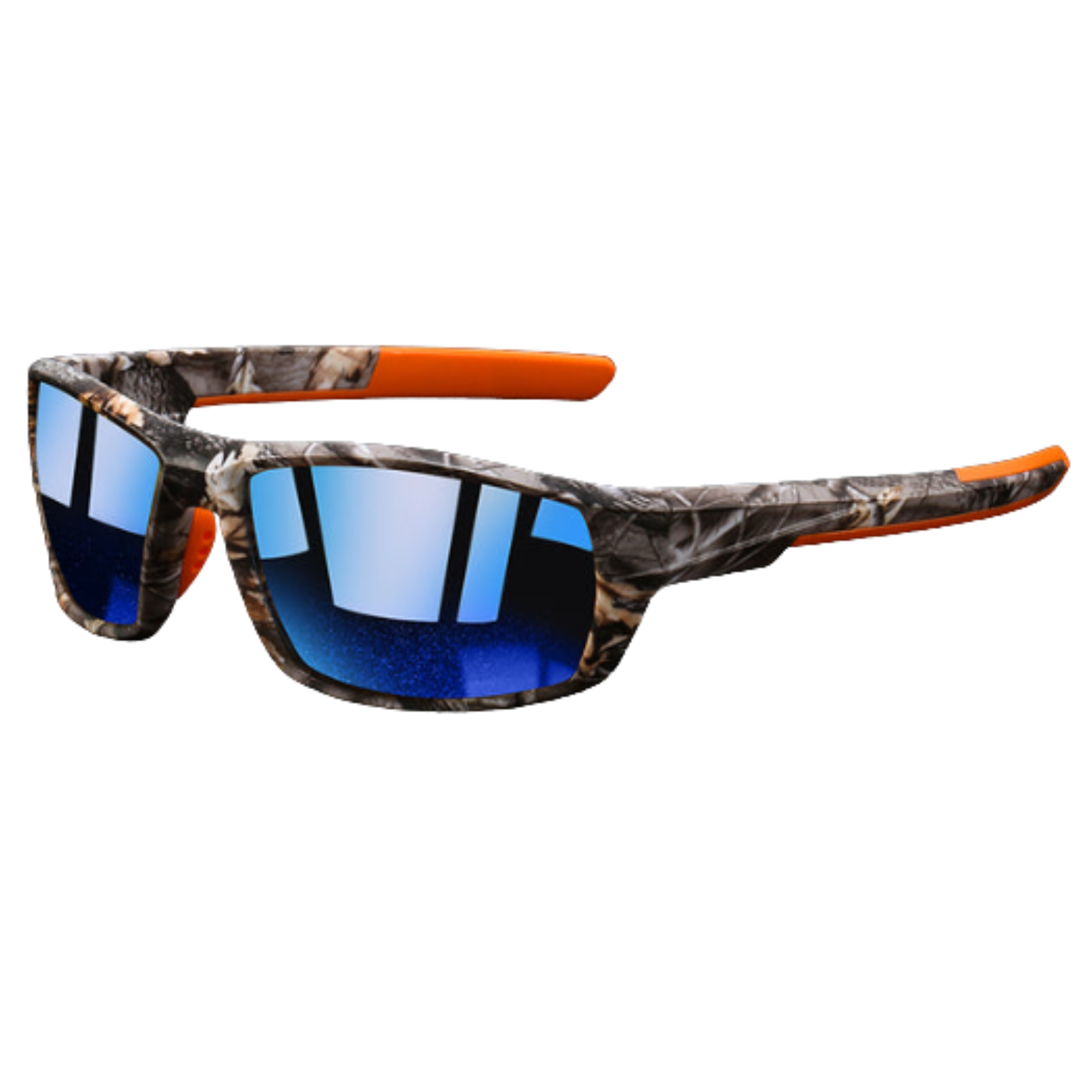 Sport sunglasses — polarized lenses and camouflage frame
