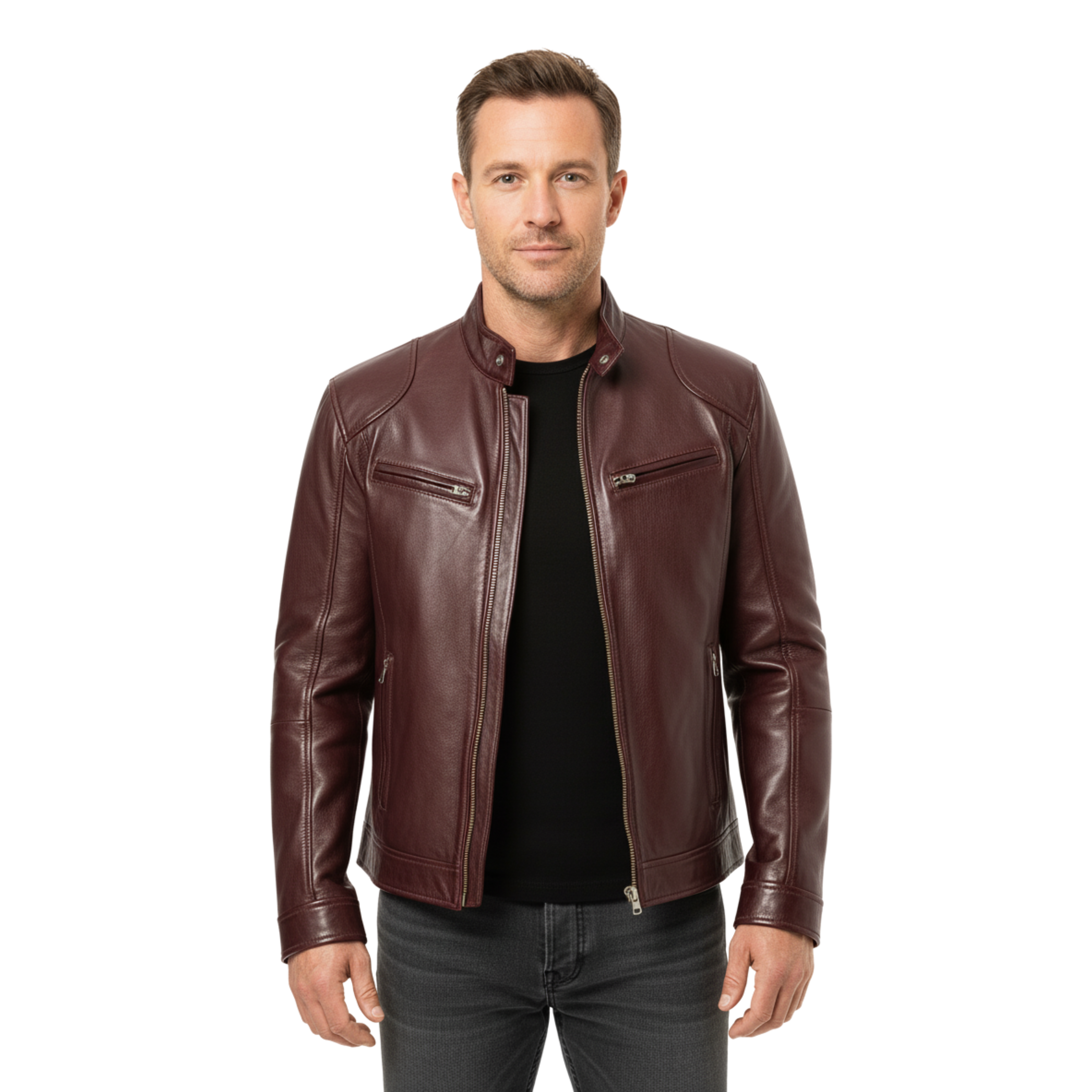 Herre lædervest med officerkrave og lynlåslommer, tætsiddende pasform