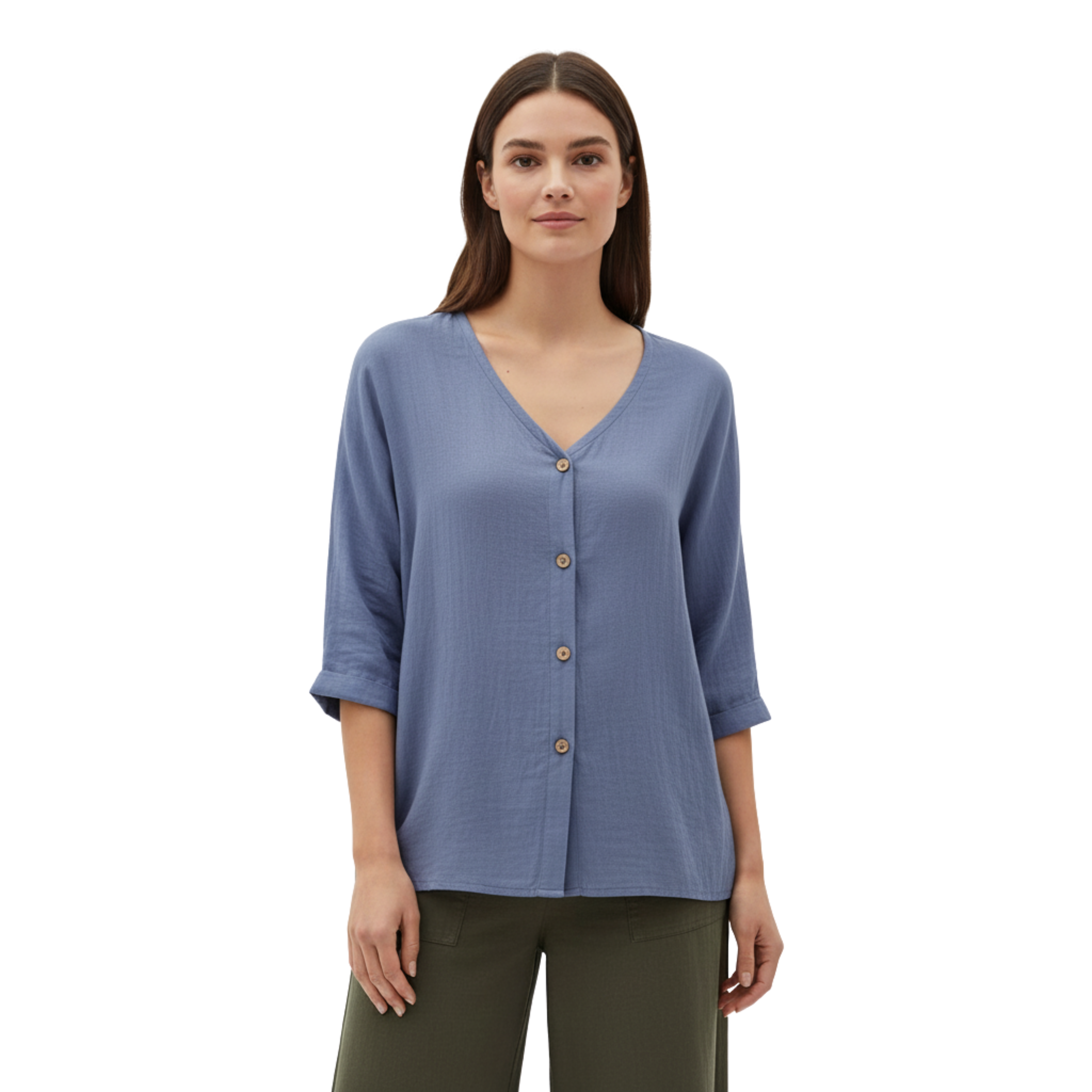 Blusa da donna con scollo a V, bottoni e maniche 3/4 in lino e cotone