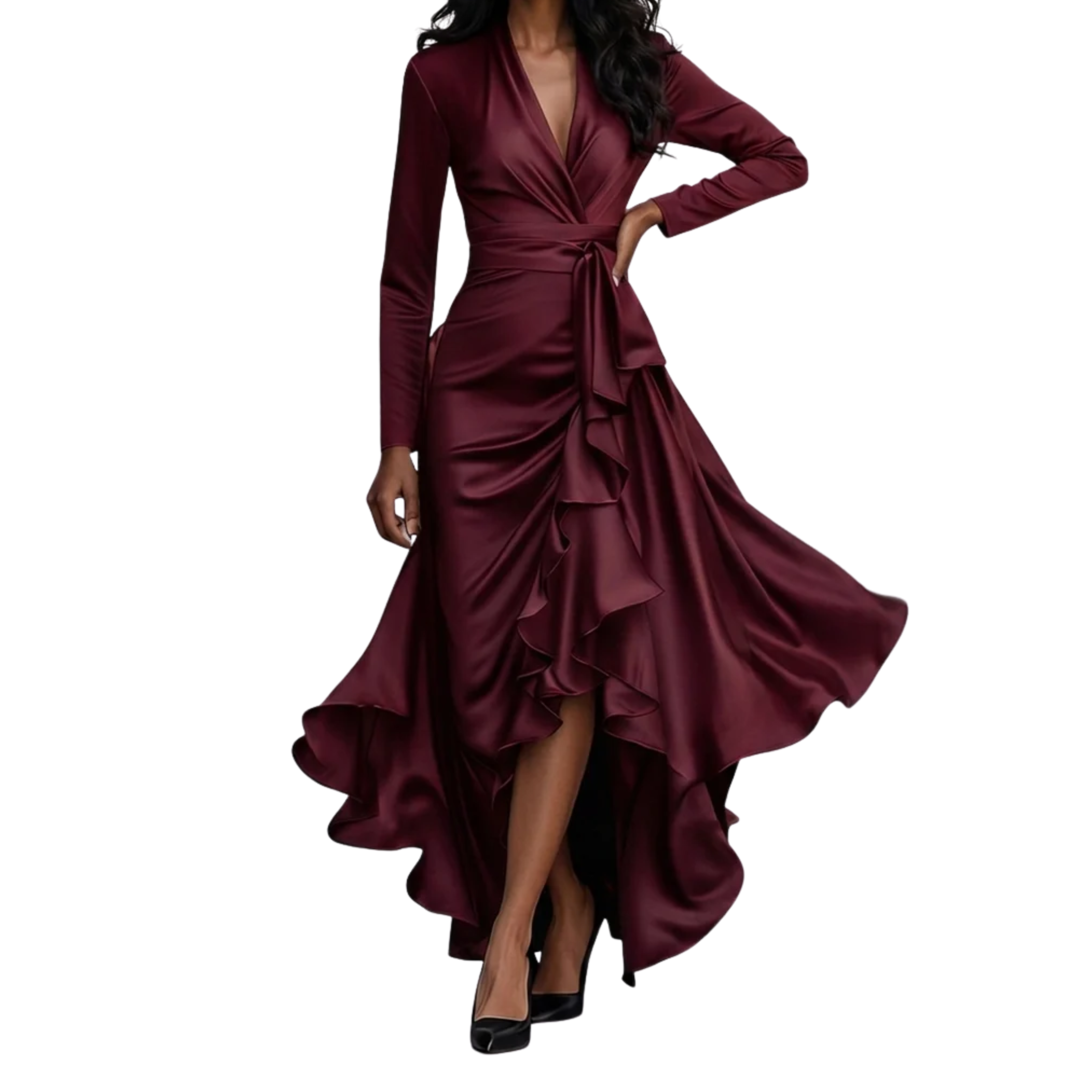 Long Satin Cocktail Dress with Wrap Design and Cascade Skirt