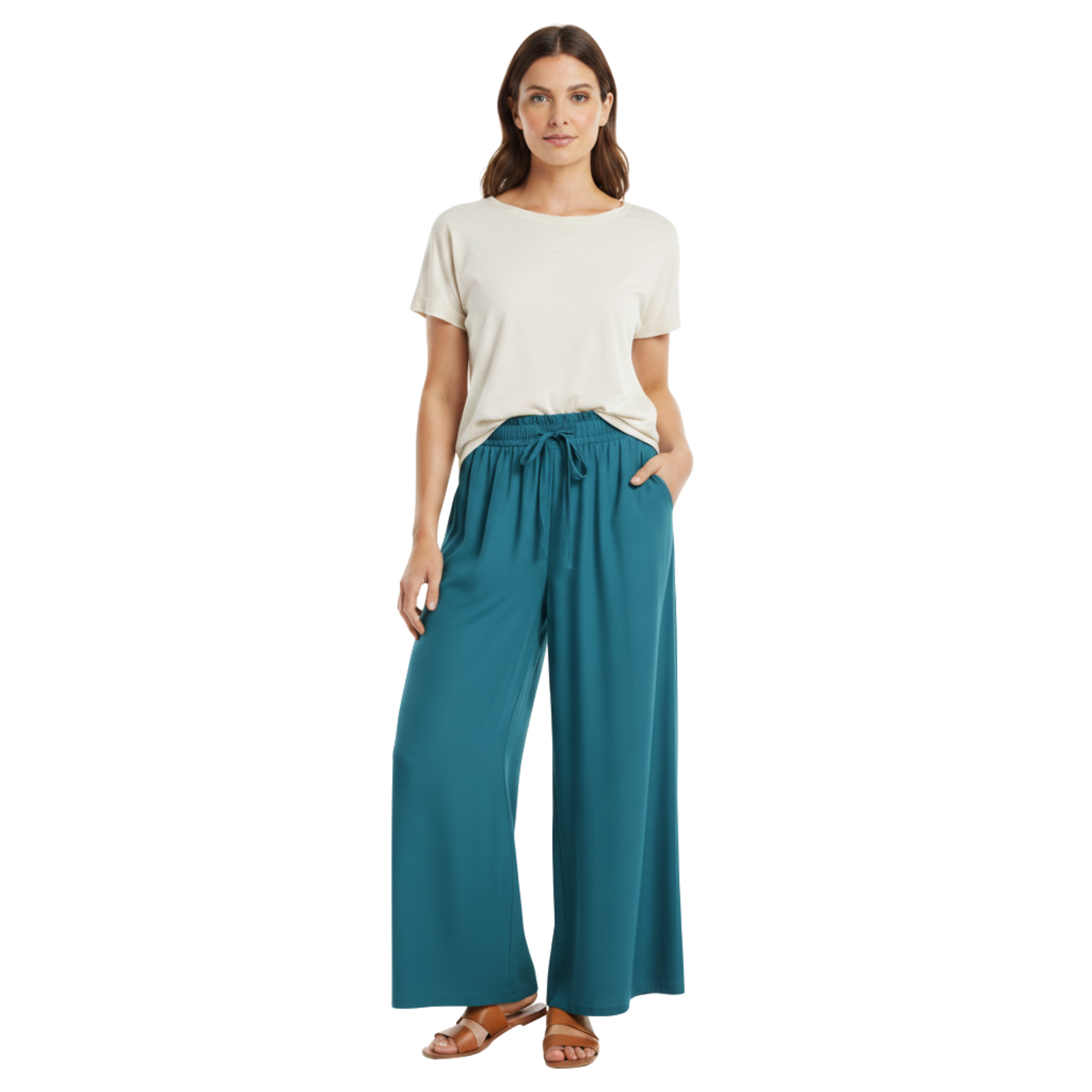 Luźne spodnie damskie z szerokimi nogawkami, elastyczną talią i kieszeniami