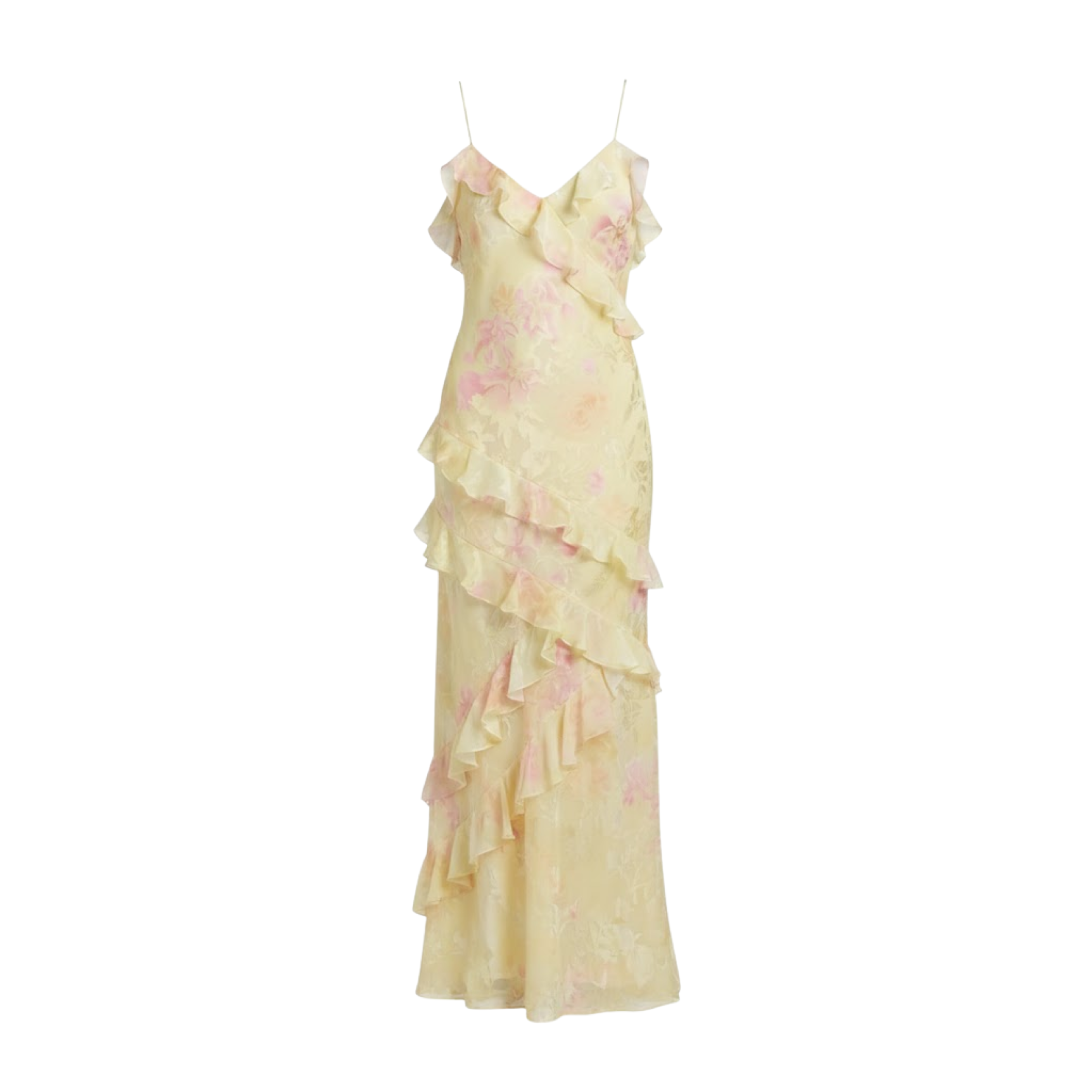 Long Floral Ruffle Dress with V-Neck and Thin Straps