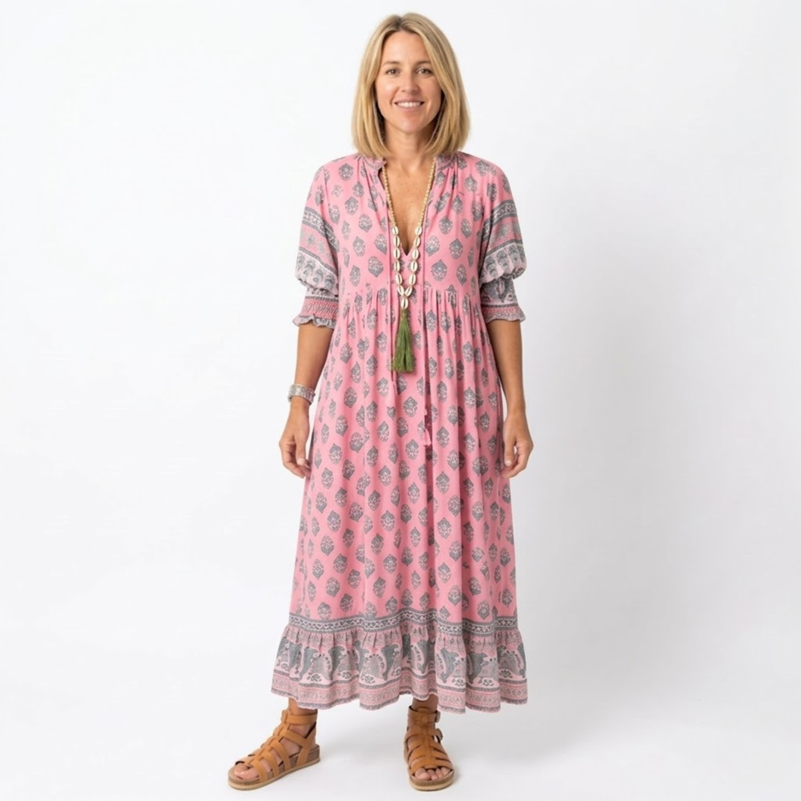 Boho Style Midi Dress for Women with Floral Print, V-Neck, and Lantern Sleeves
