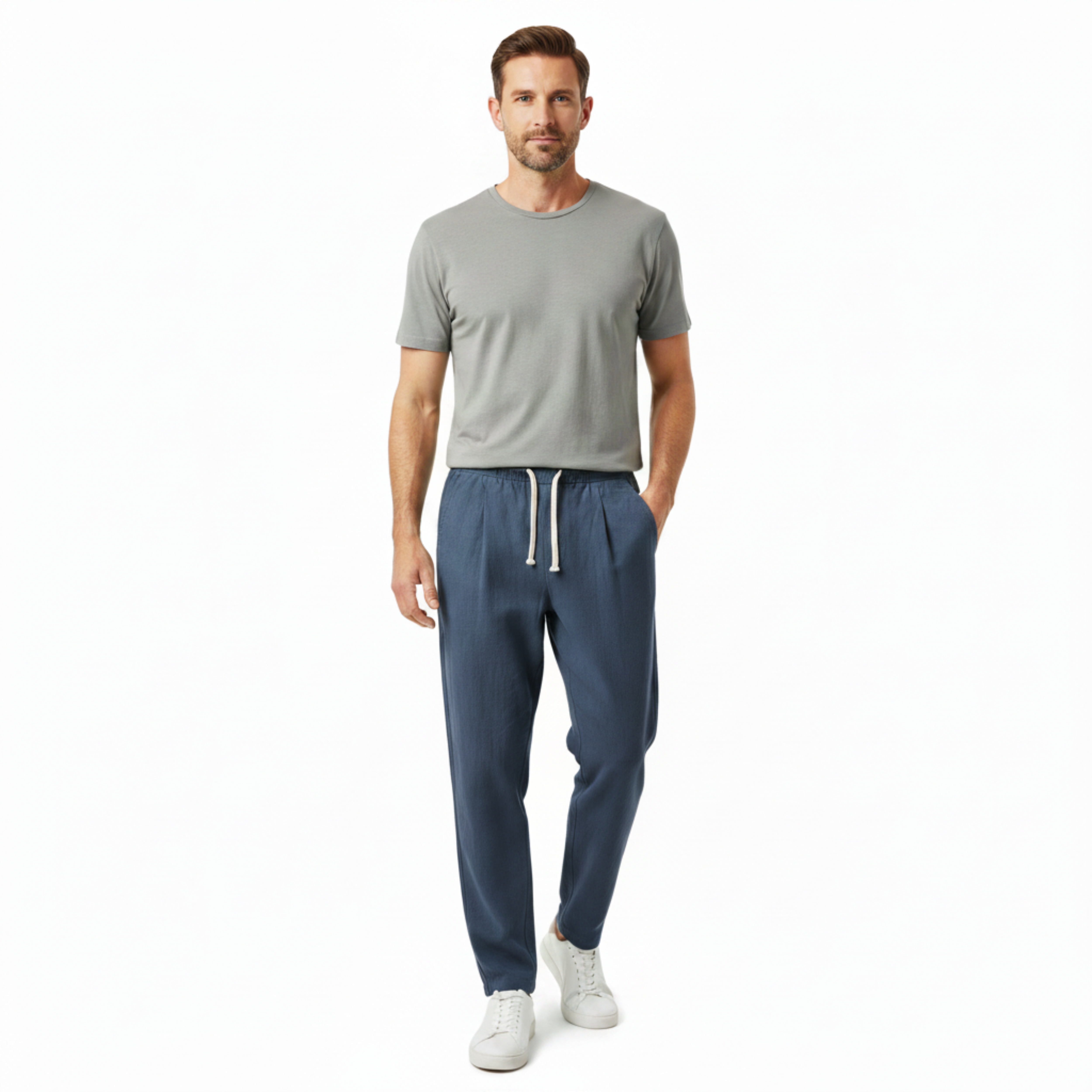 Men's Linen Capri Pants Relaxed Tapered Fit with Elastic Waistband