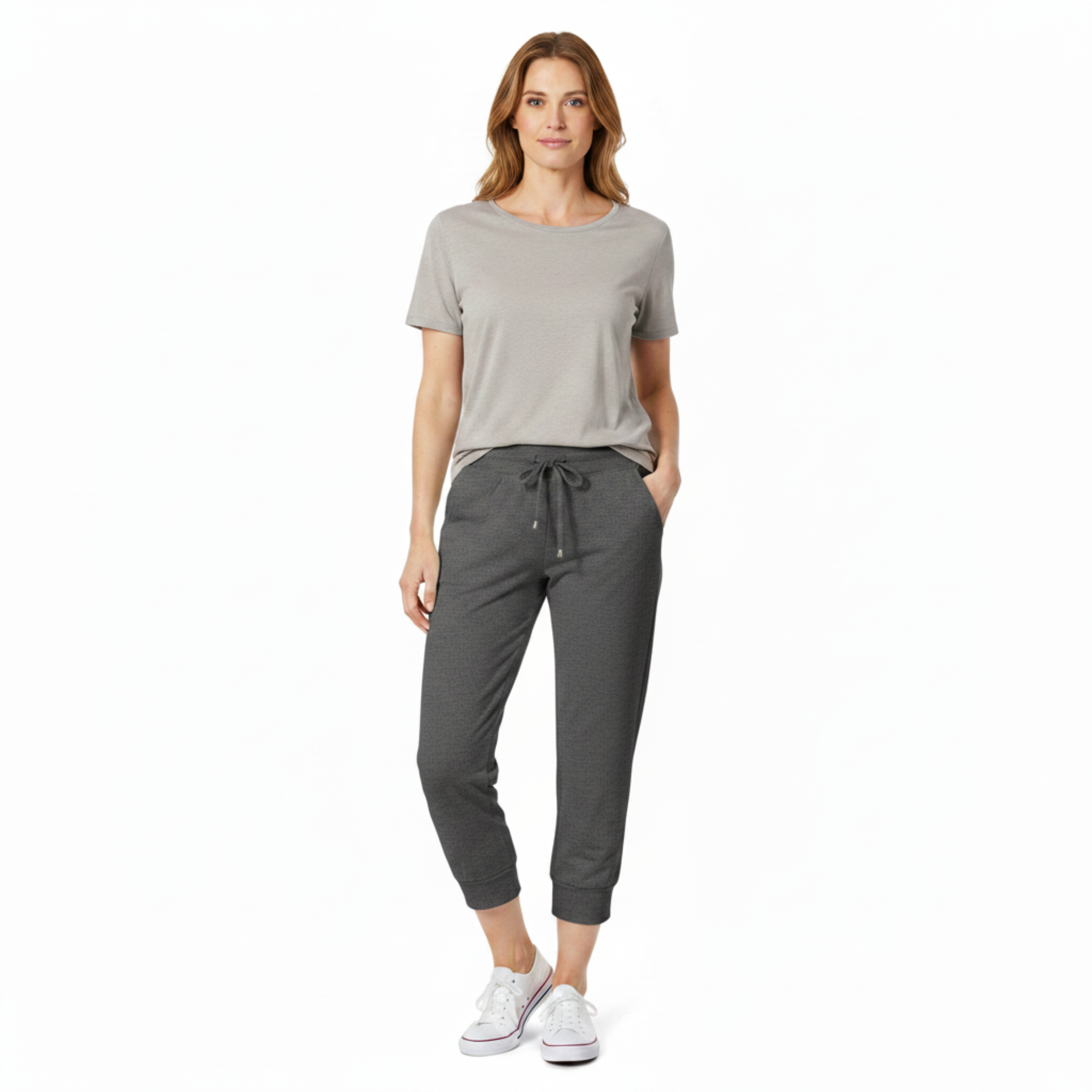 Pantalón capri en textil ligero con cintura elástica y cordón ajustable