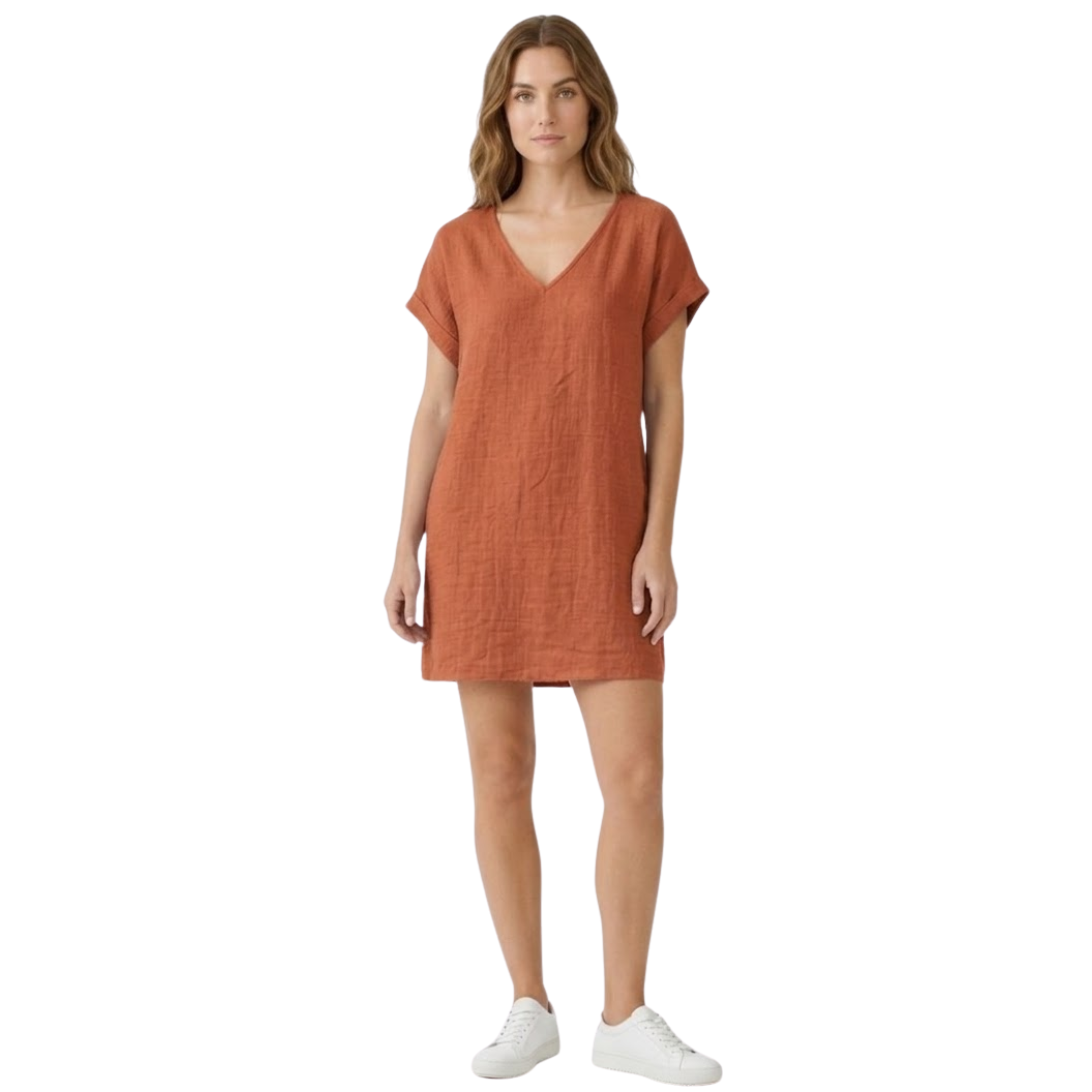 Rövid lenruha V-nyakú és felhajtott rövid ujjakkal