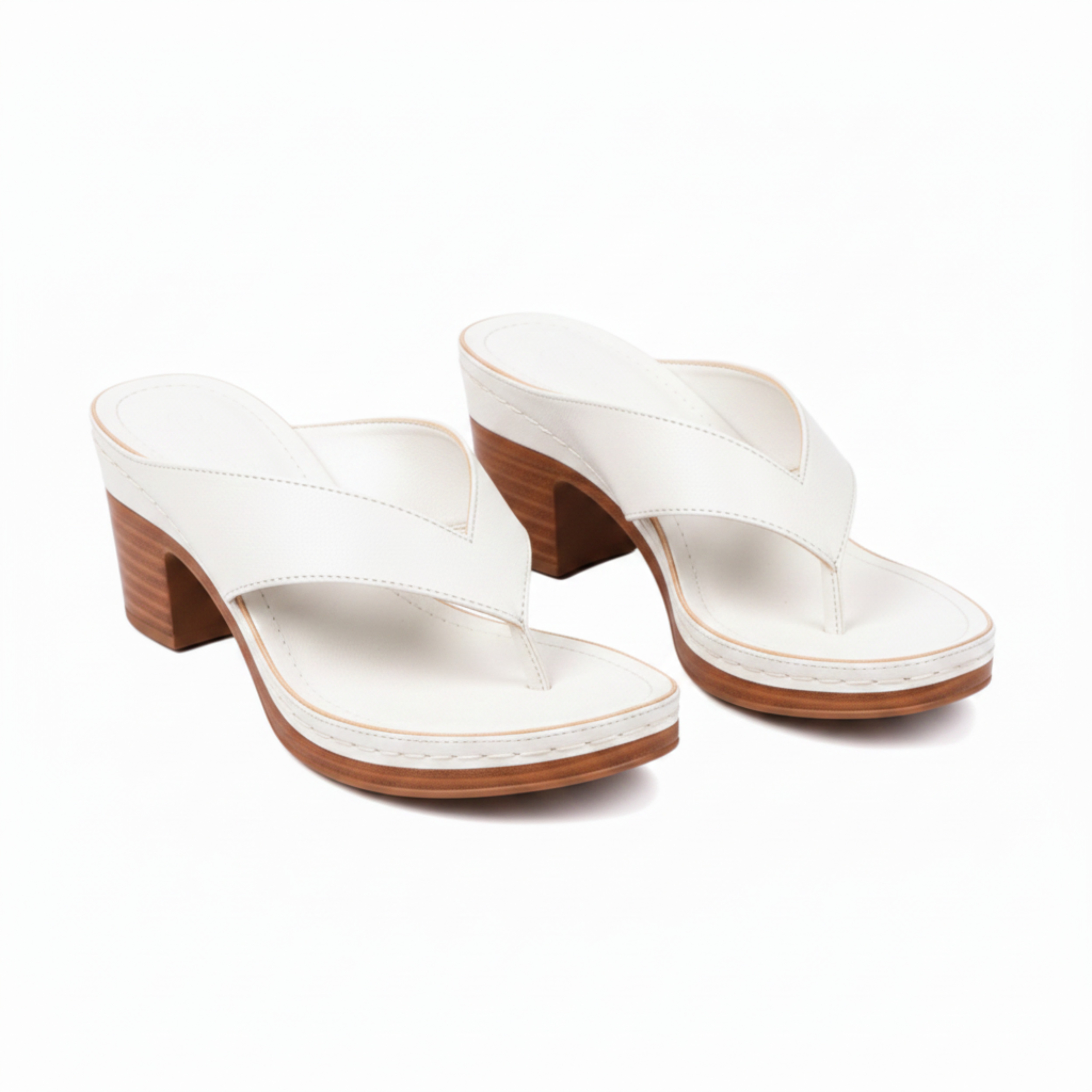 Block Heel Sandals for Women with Metallic Thong Strap