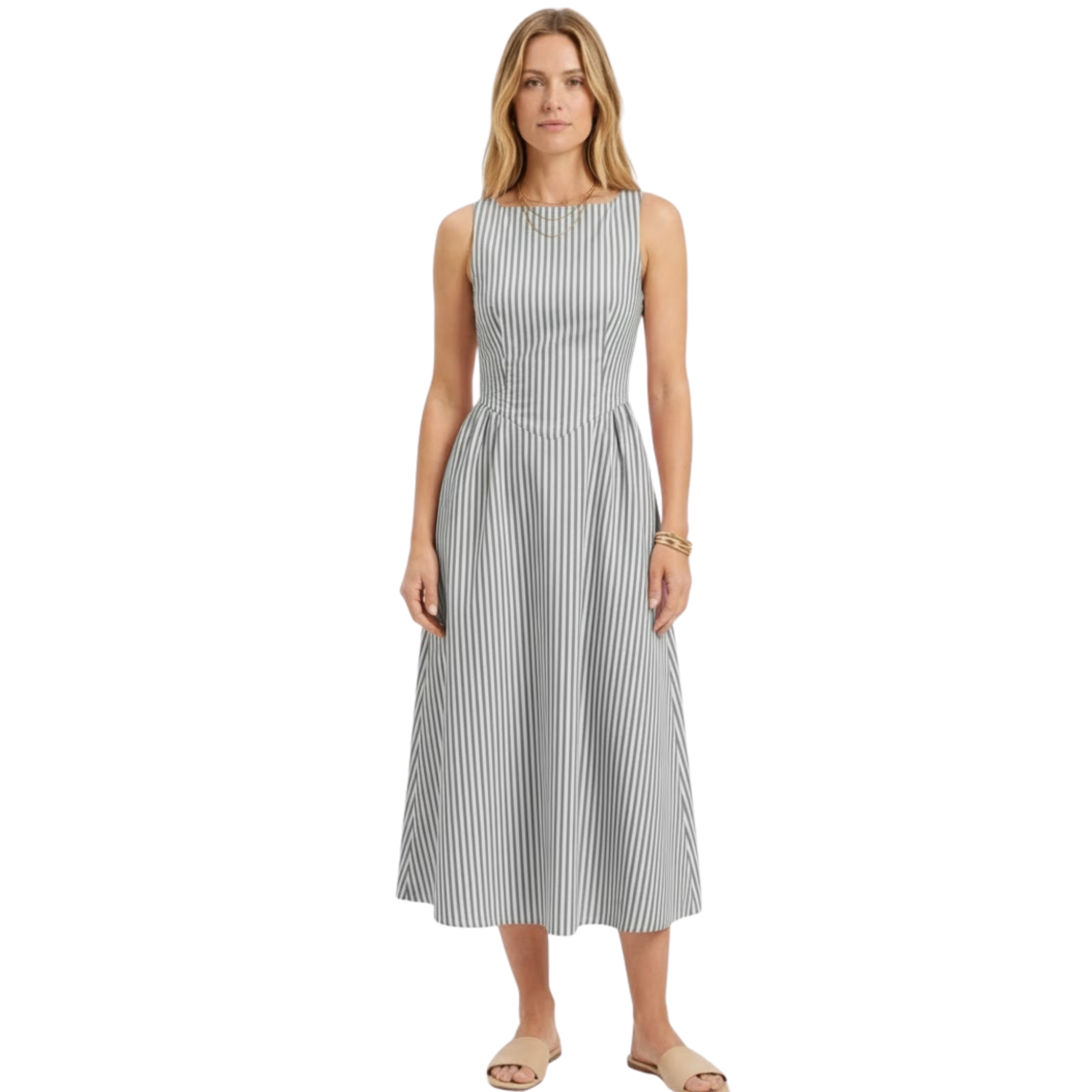 Vestido largo sin mangas con rayas verticales y cuello alto para mujer