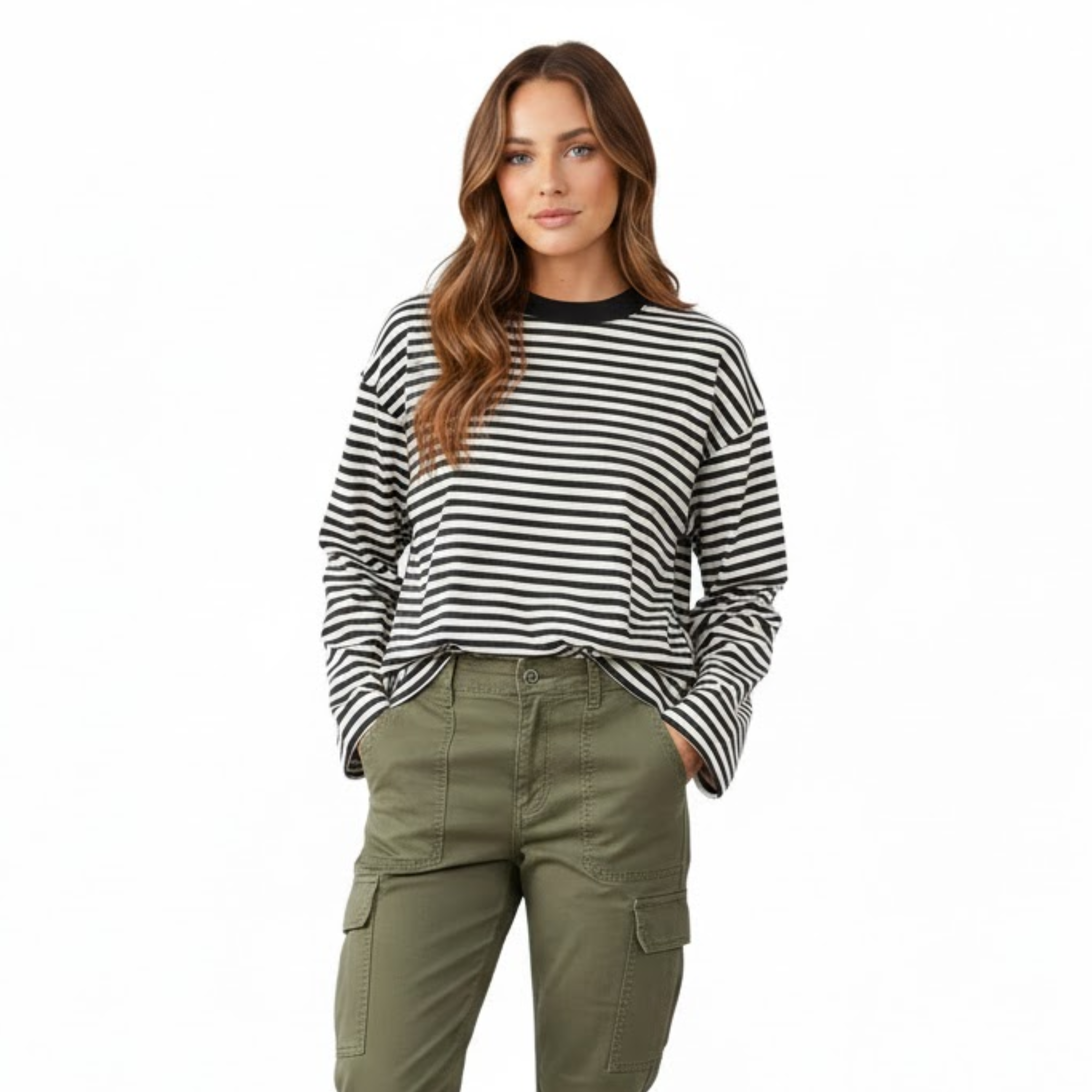 Dámske pruhované tričko s dlhým rukávom, voľného strihu, s okrúhlym výstrihom a vintage streetwear štýlom