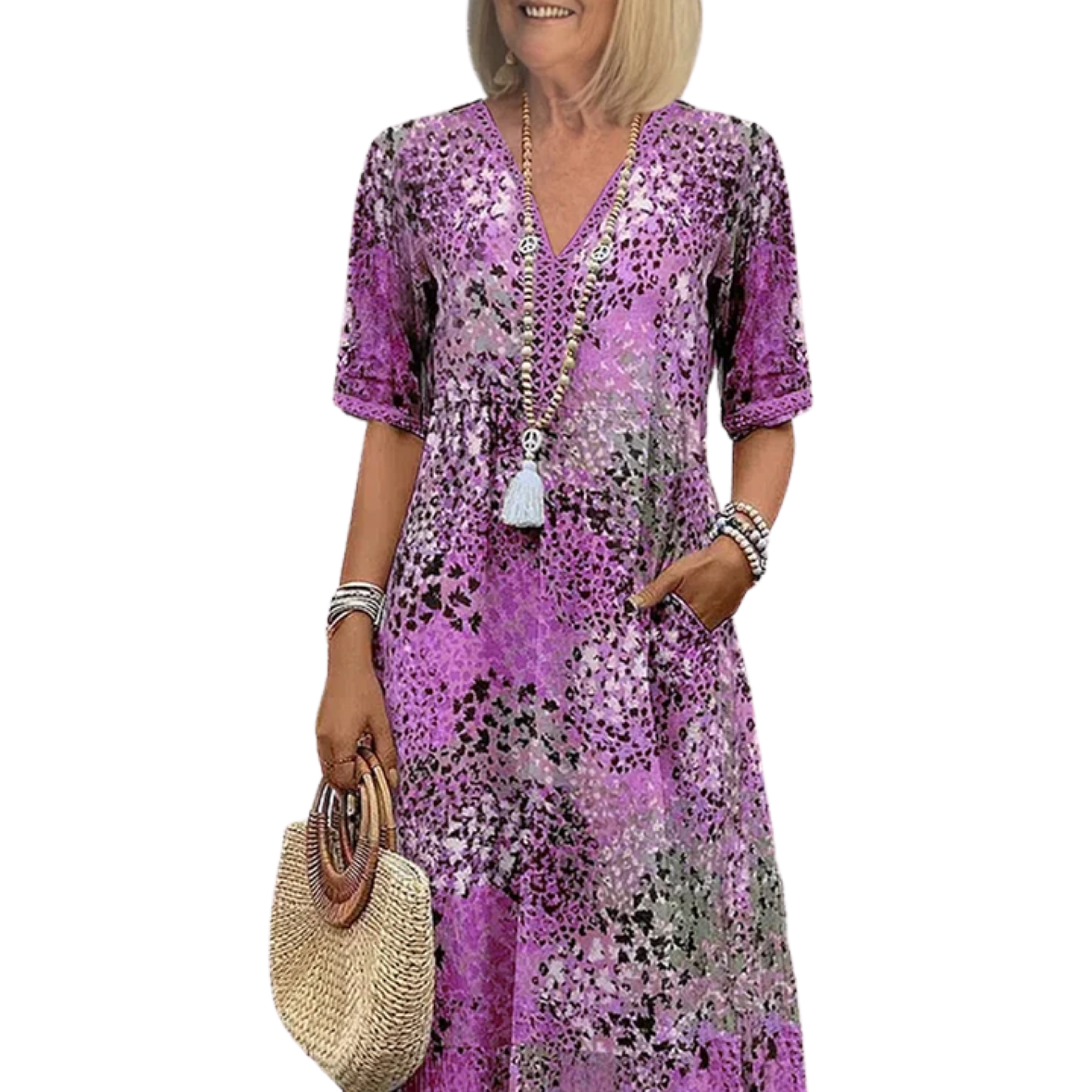 Women's mid-length flared dress — printed pattern and V-neck — casual