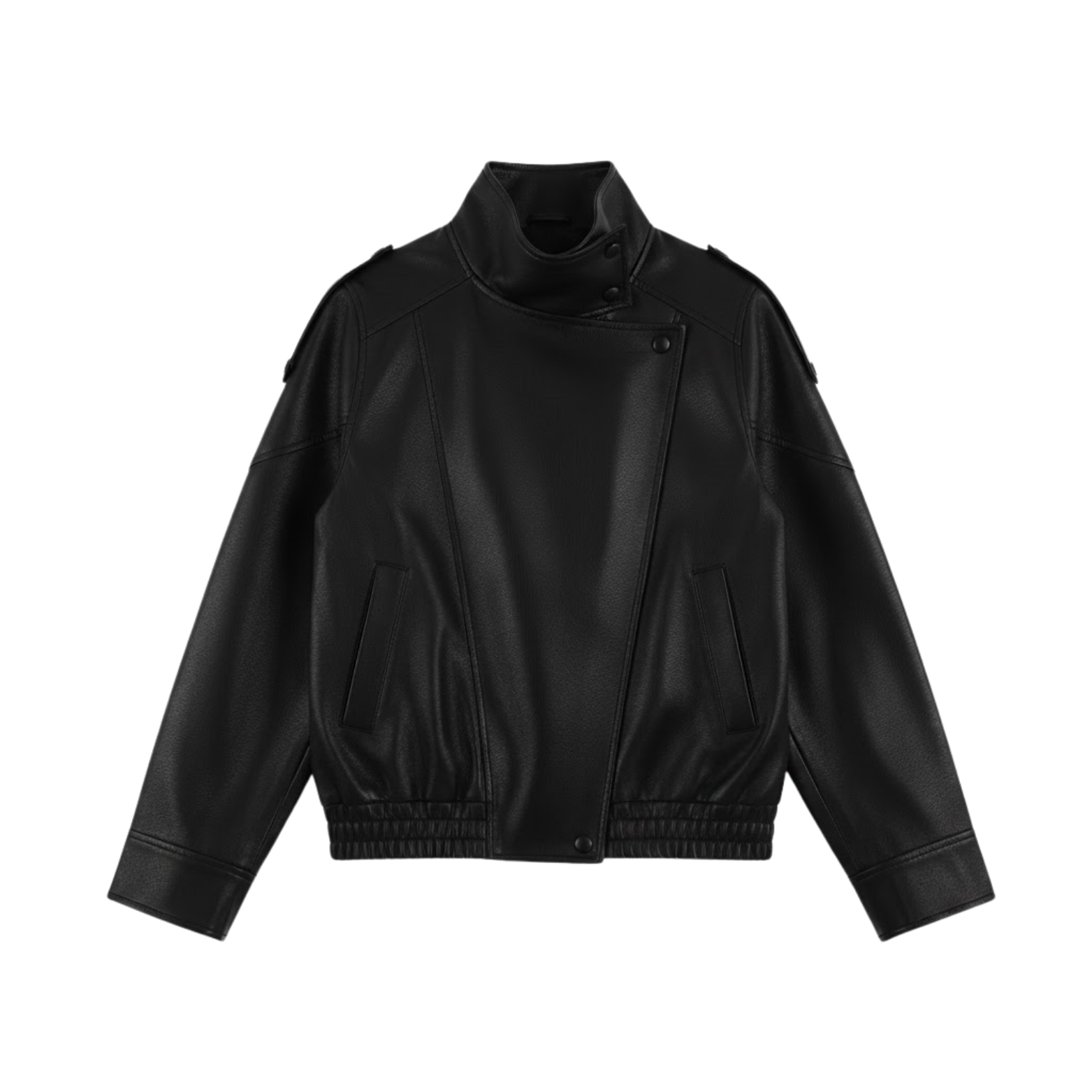 Women's Black Long Sleeve Grained Faux Leather Motorcycle Style Jacket