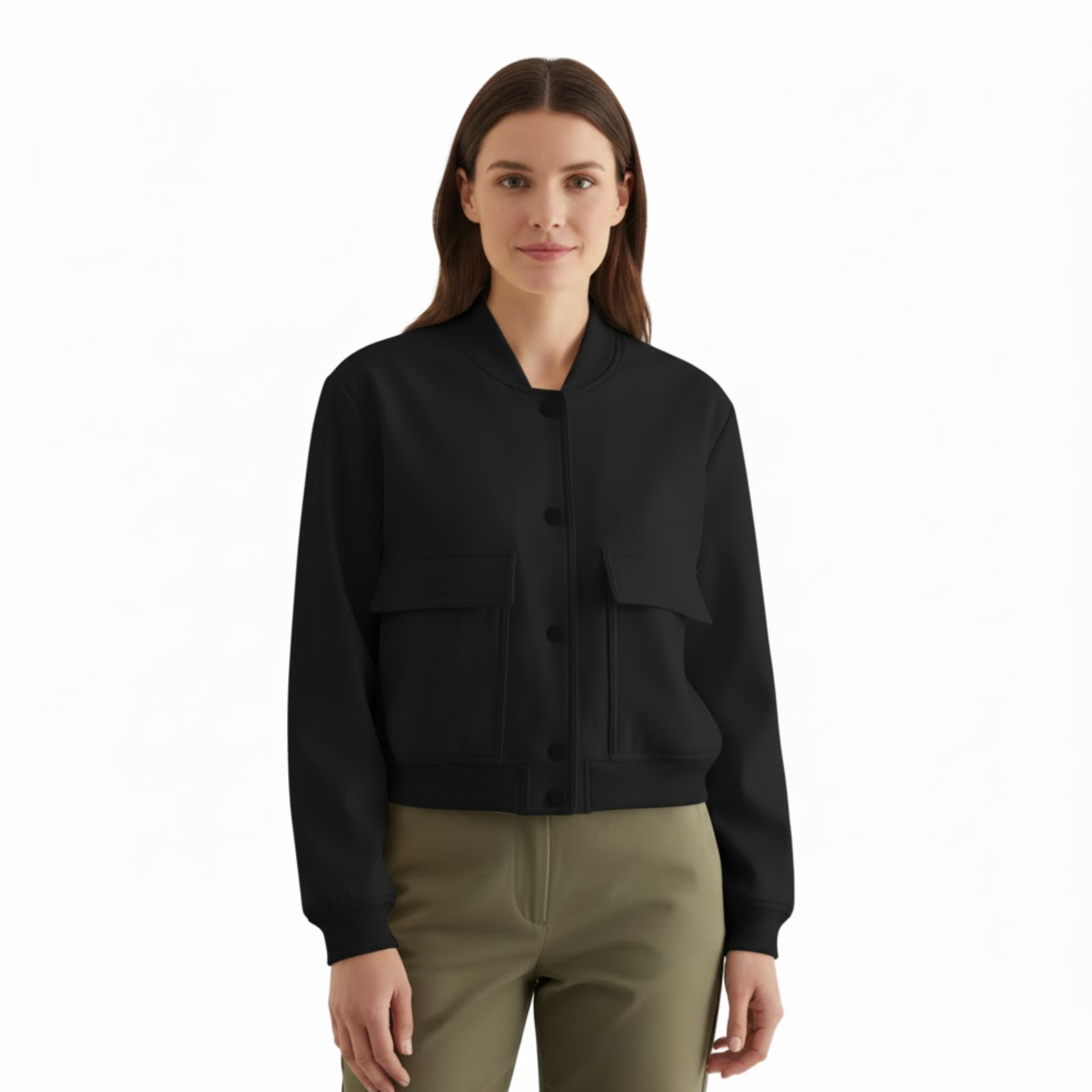 Short Bomber Jacket with Buttons and Flap Pockets for Women
