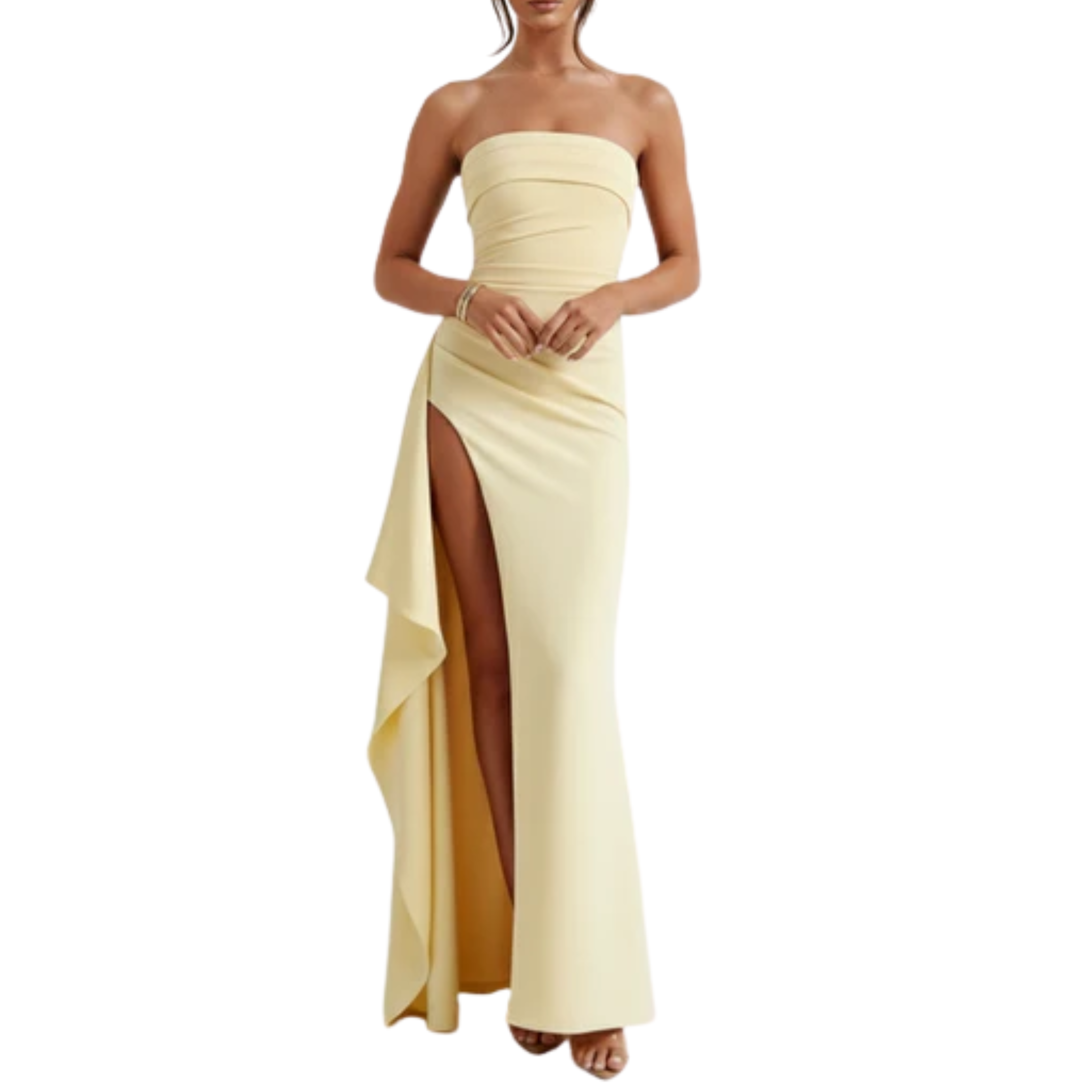 Vestido de noche largo — corte sirena fruncido con abertura | gala formal