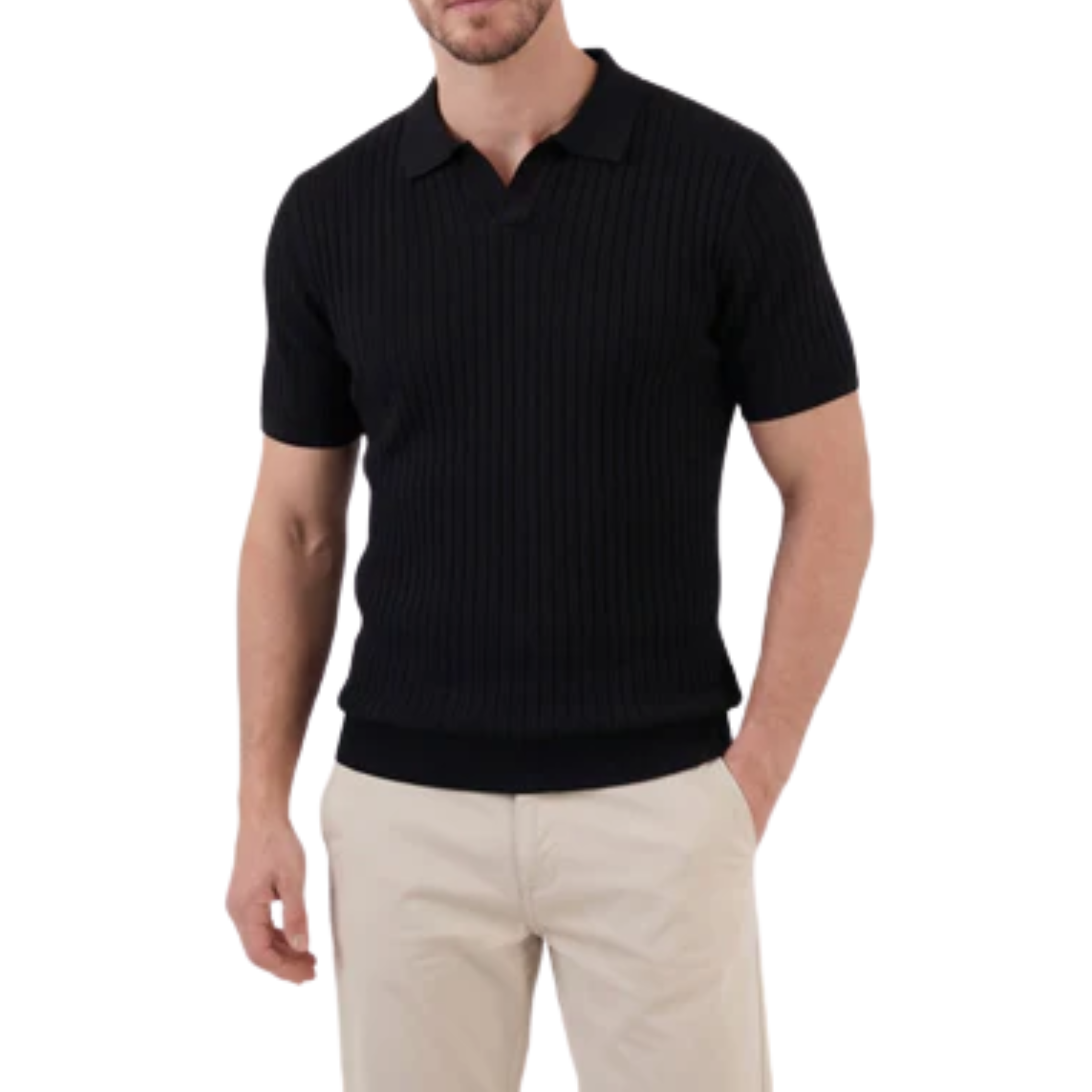 Polo uomo in maglia a coste con collo a V e maniche corte — relax