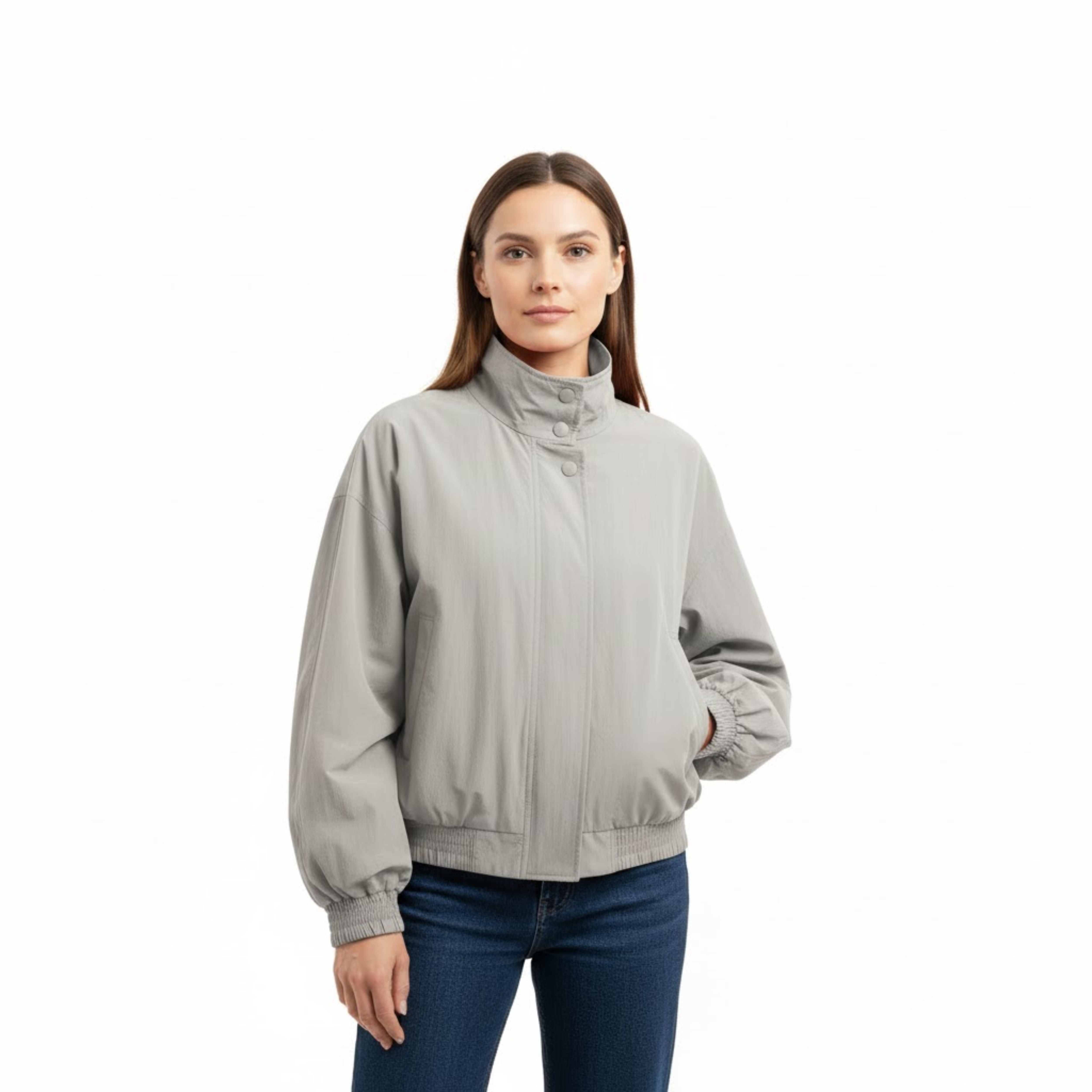 Light Jacket with Stand-Up Collar and Relaxed Fit with Zipper for Women